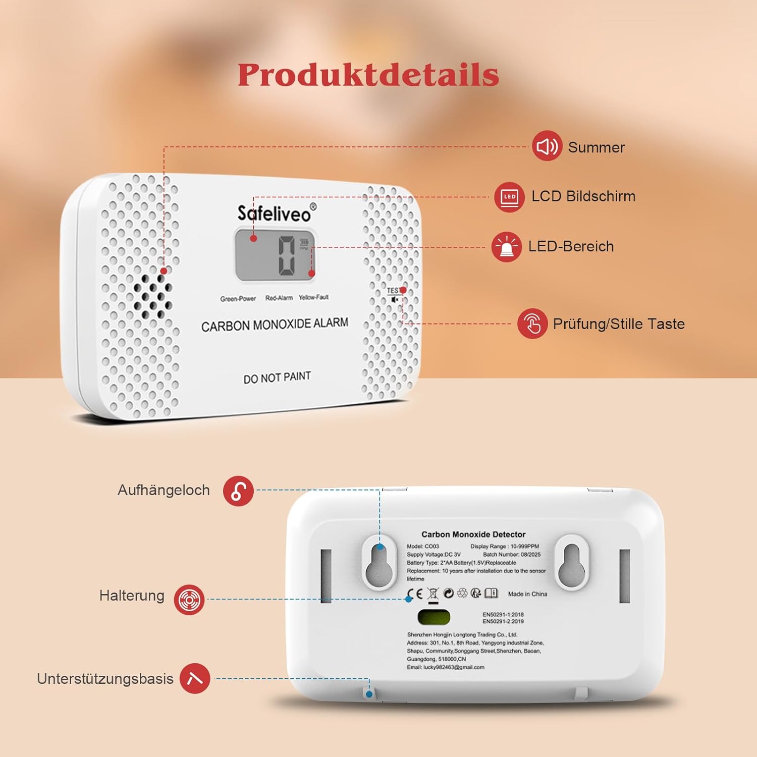 Safeliveo CO-Melder mit austauschbarer Batterie, Kohlenmonoxidmelder mit Peak-Speicher und LCD-Display, 10-Jahres-Sensor, mit Testtaste, für Zuhause und Wohnwagen, EN 50291, Standalone (1 Stück) – Bild 9