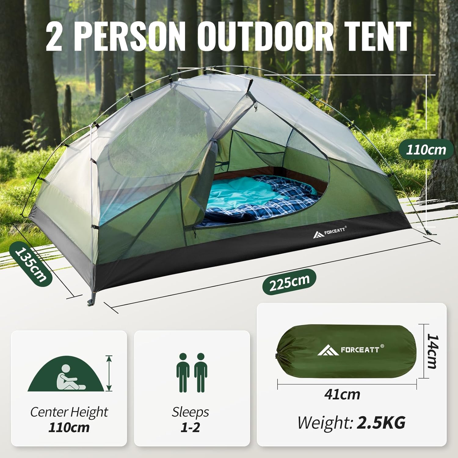 Forceatt Zelt 2–3 Personen Campingzelt, 2 Türen wasserdicht und winddicht, 3–4 Jahreszeiten, ultraleichtes Rucksackzelt für Trekking, Camping, Outdoor. – Bild 3