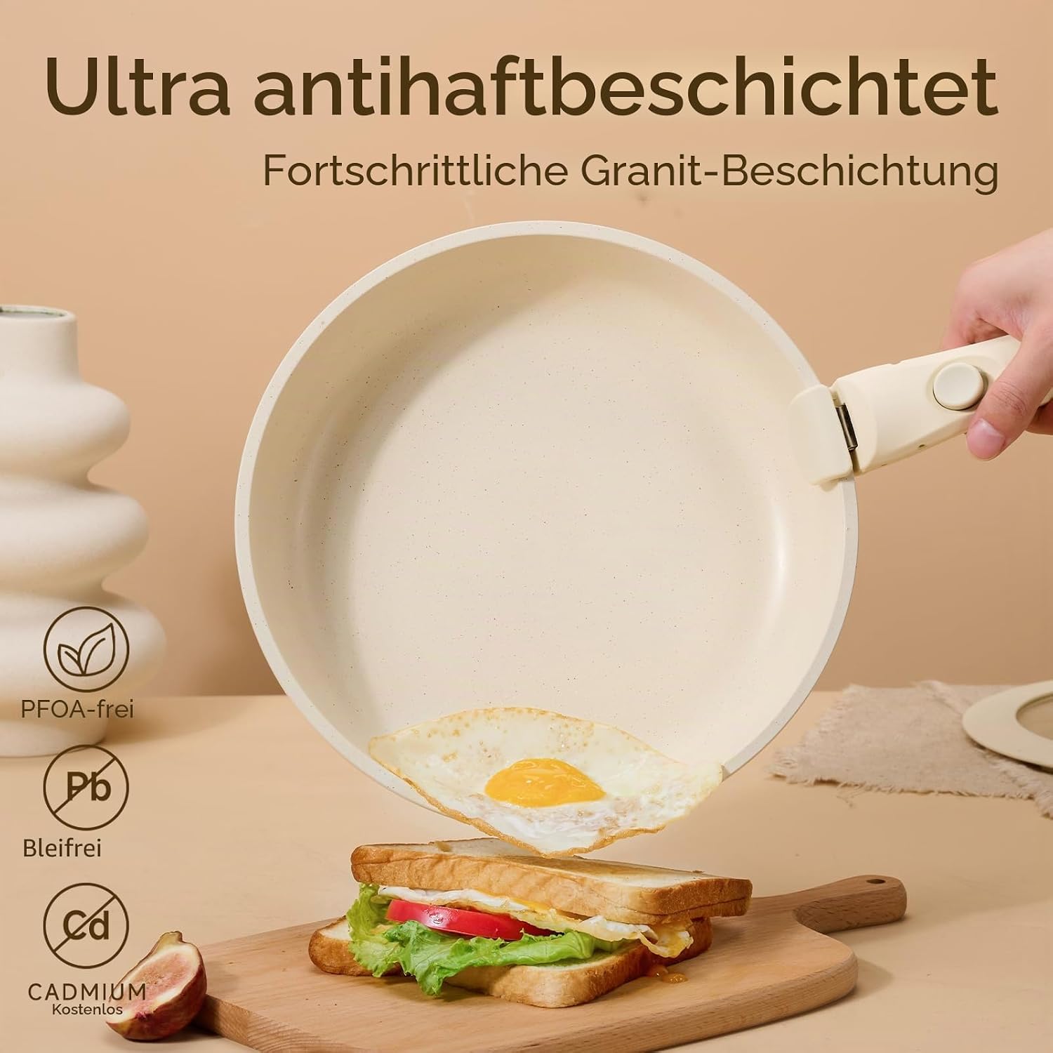 JEETEE Pfannenset 6-teilig mit abnehmbaren Griffen und Deckel, Antihaft-Kochgeschirrset, Pfanne 20/24/28 cm, stapelbares Topfset für alle Herdarten, ofenfest, Beige – Bild 3