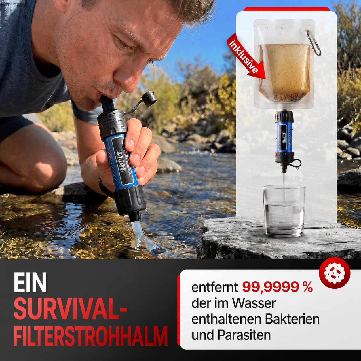 Baytiz Survival Kit und Erste-Hilfe-Set, mit Wasserfilter-Strohhalm und Outdoor-Ausrüstung, Militärrucksäcken, Zubehör für Camping, Wandern, Radfahren, Auto-Gadget für Männer und Kinder – Bild 2