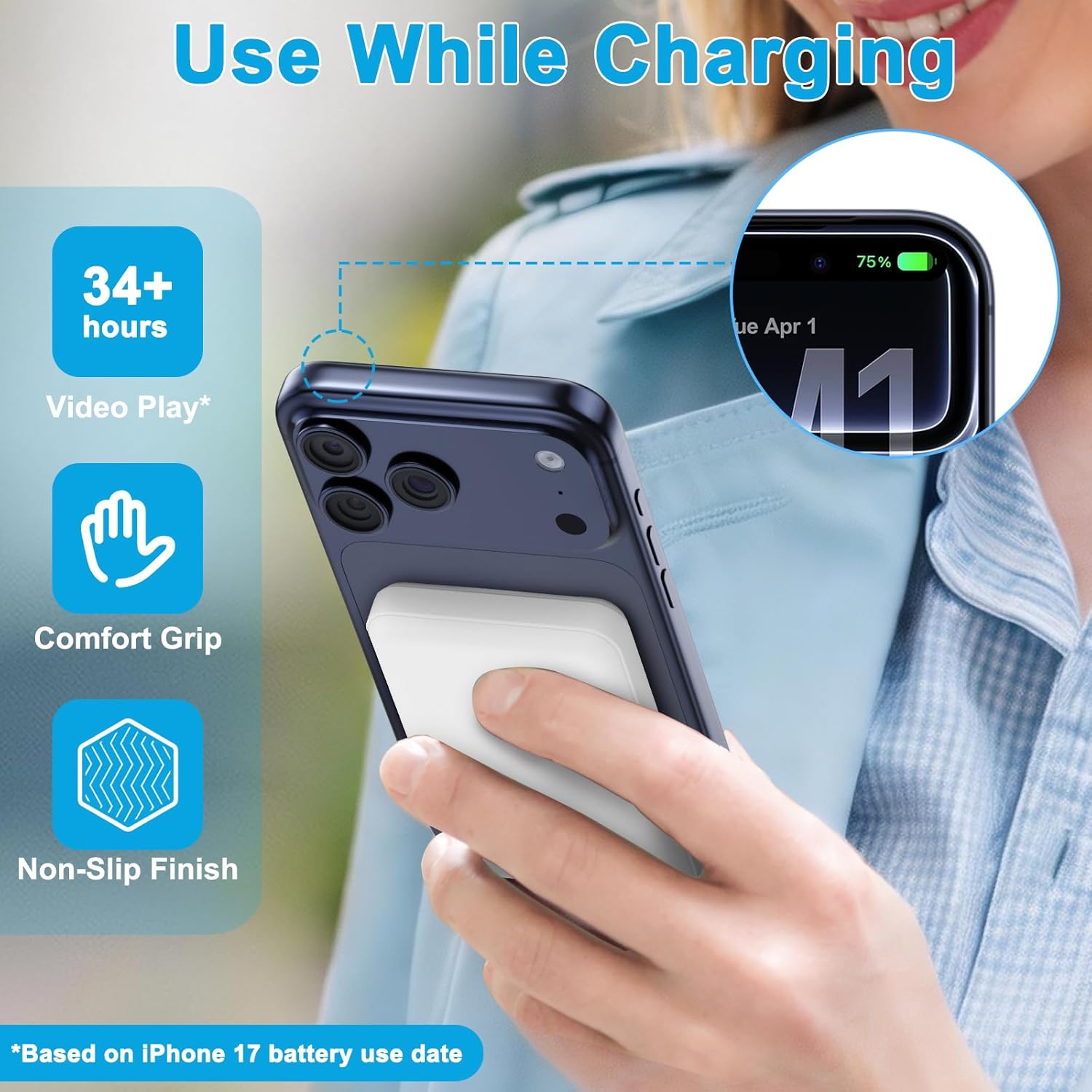 AOGUERBE für MagSafe Wireless Power Bank, Magnetische Power Bank 10000 mAh mit USB C In & Out, 22,5 W Schnelllade-Akkupack Induktives Laden für iPhone 17/16/15/14/13/12/11/Pro/Plus/Pro Max-Serie (Weiß) – Bild 4
