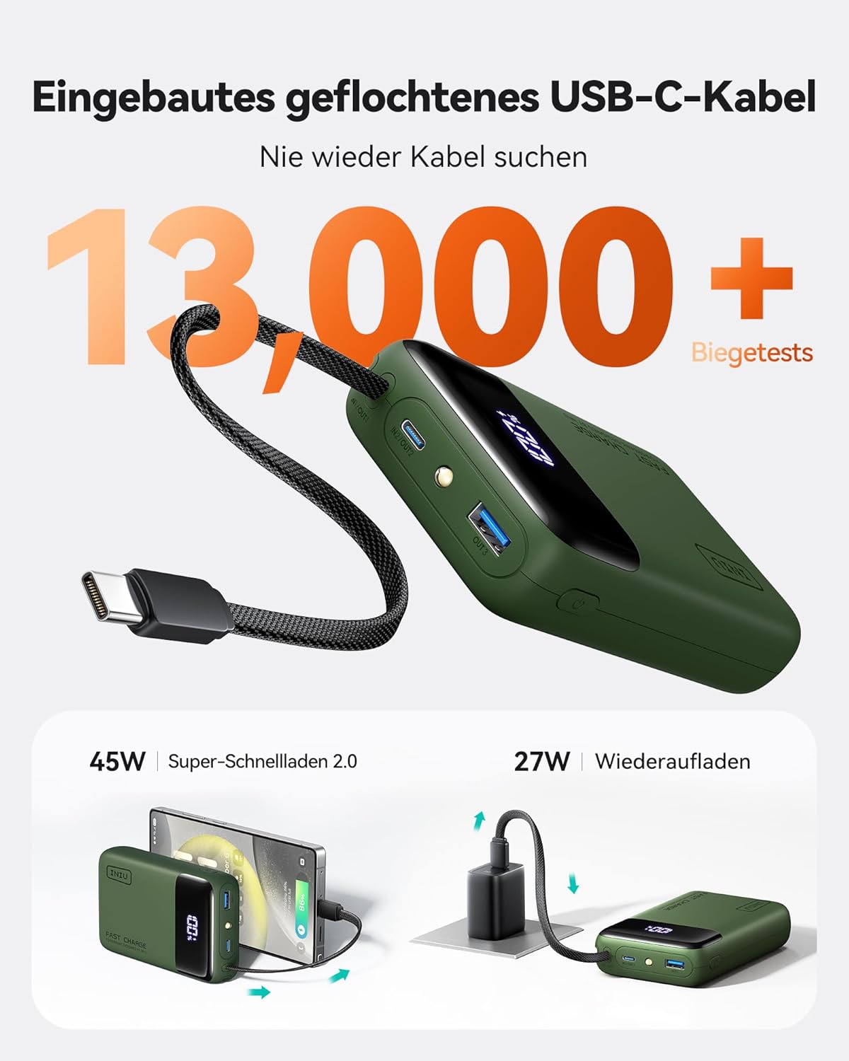 INIU 45W Powerbank, ultrakleine 20000mAh Powerbank mit integriertem USB-C-Kabel, Schnellladung externer Handy-Akkus für Camping, Wandern, Outdoor-Aktivitäten, Festival-Nutzung, Grün – Bild 4