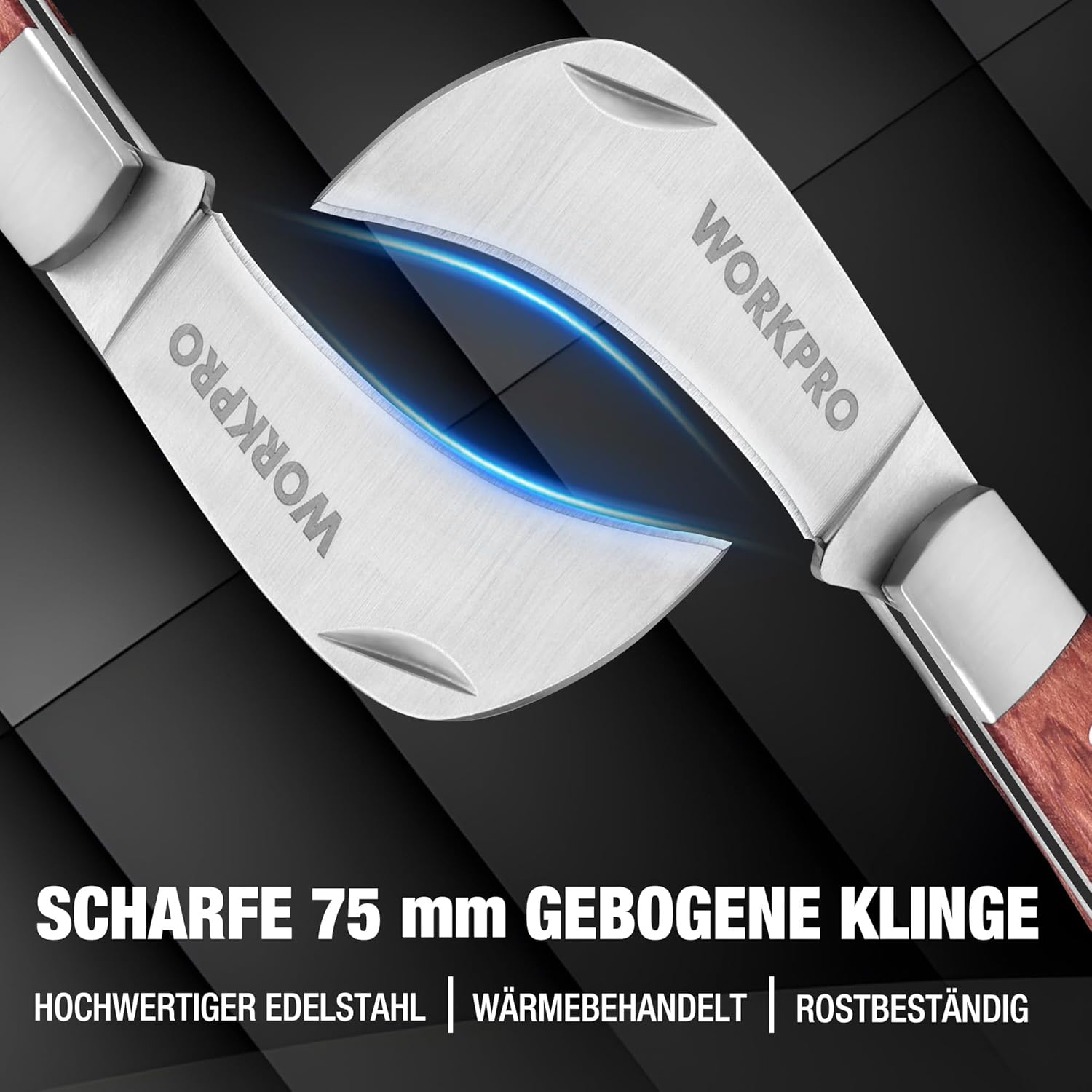 WORKPRO Klappbares Elektrikermesser mit gebogener Edelstahlklinge, poliertem Holzgriff, verstärkter Stahlzwinge, mit Bandring und Nagelkerbe, ideal zum Abisolieren von Kabeln, für Gartenarbeiten und den Einsatz im Freien – Bild 2