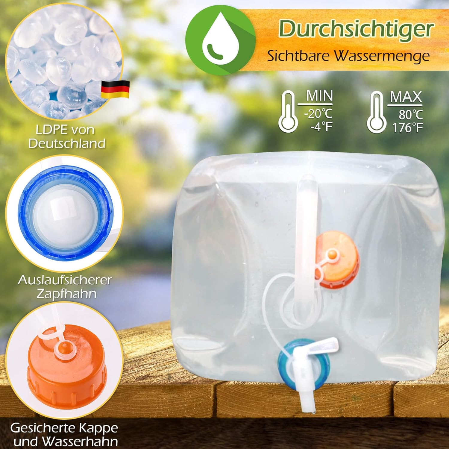 Reinalin faltbarer Wasserkanister, Wassertank mit Wasserhahn, Camping-Trinkwasserkanister, 100 % auslaufsicher, lebensmittelechtes Kanisterwasser – Bild 5