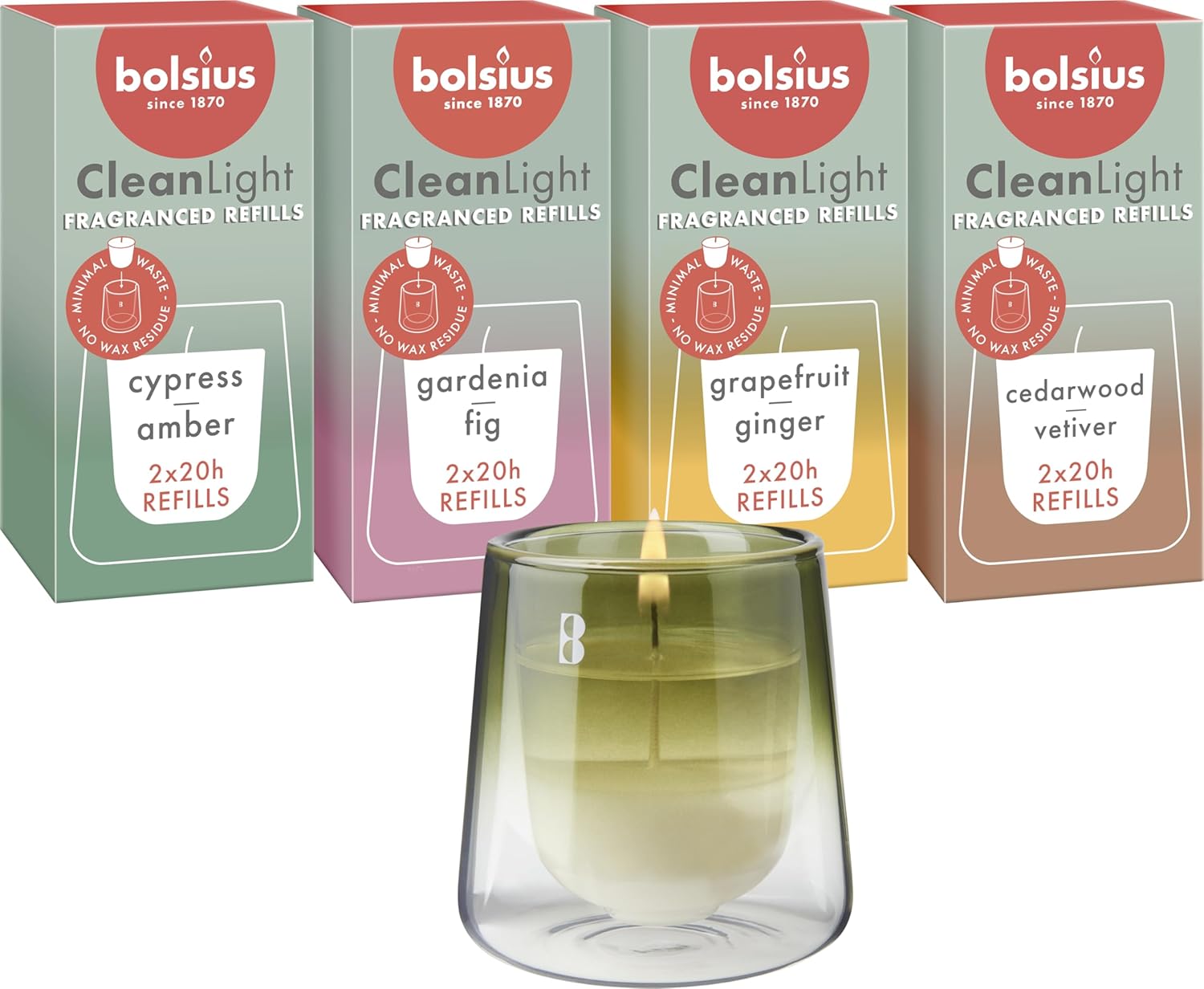 Bolsius - CleanLight Starterset - Nachfüllbare Duftkerze - Halter & 9 Nachfüller - Mehrere Düfte - Grün - Brenndauer 20 Stunden - Enthält natürliches Pflanzenwachs - Nachhaltiges Konzept