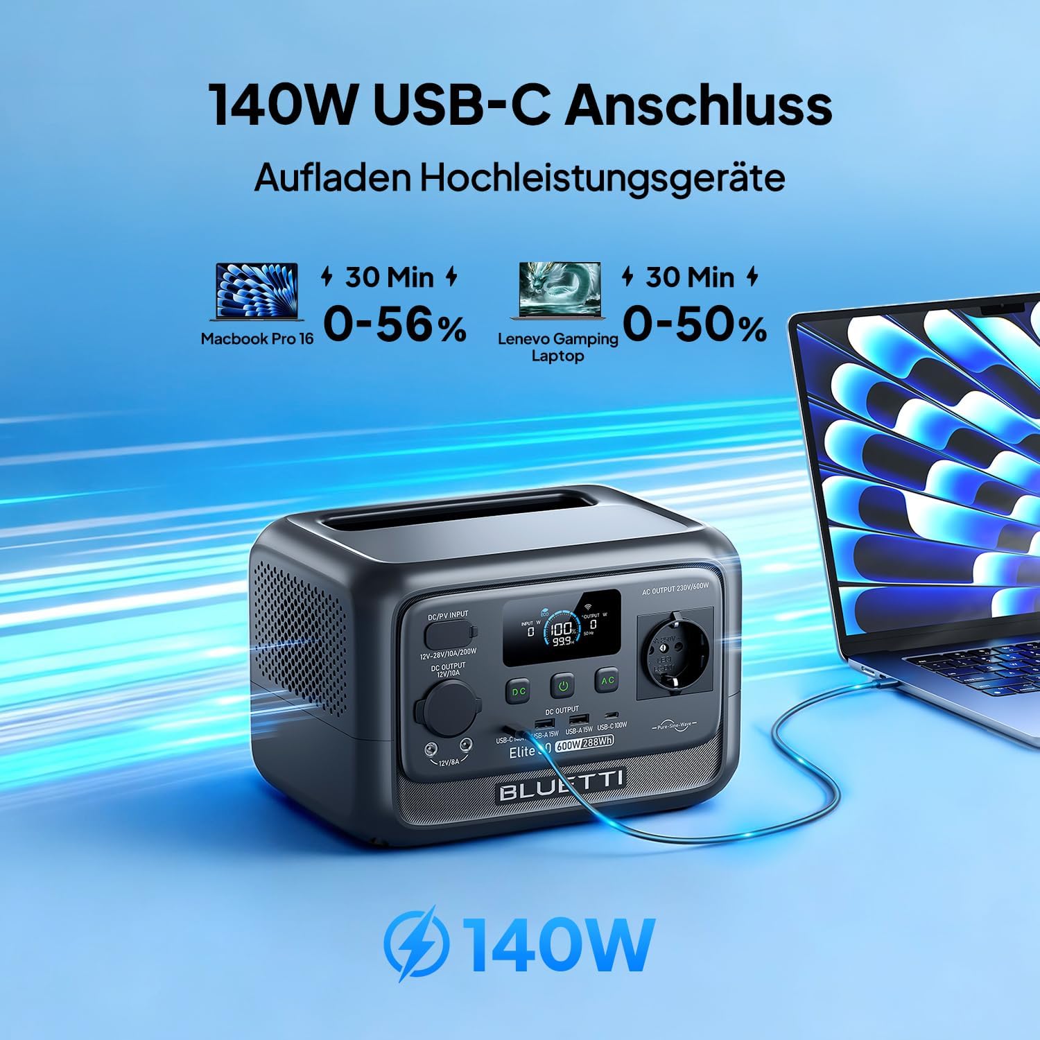 BLUETTI Elite 30 V2 Tragbares Kraftwerk, 288 Wh LFP-Akku, 600 W AC-Ausgang (Power Lifting 1500 W), 0–100 % in 70 Minuten, Solargenerator für Camping, Transporter, Stromausfälle (Solarpanel optional) – Bild 7