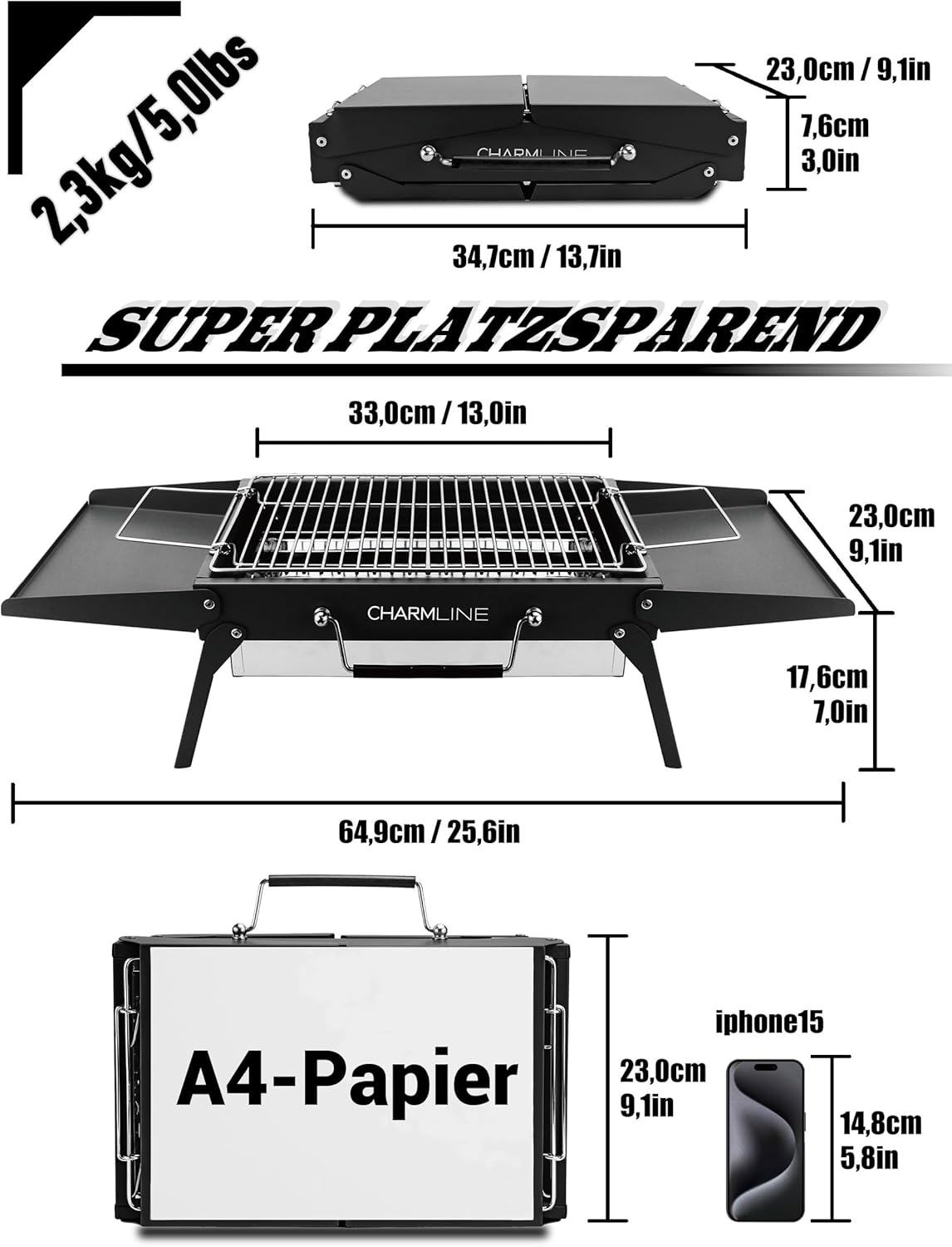 Charmline 34 x 23 cm faltbarer tragbarer Holzkohlegrill, kleiner Camping-Grill, Holzkohle, Picknick-Grill, BBQ-Grill für den Außenbereich, geeignet für Gärten, Strände, Rasenflächen und Tischplatten, schwarz – Bild 2