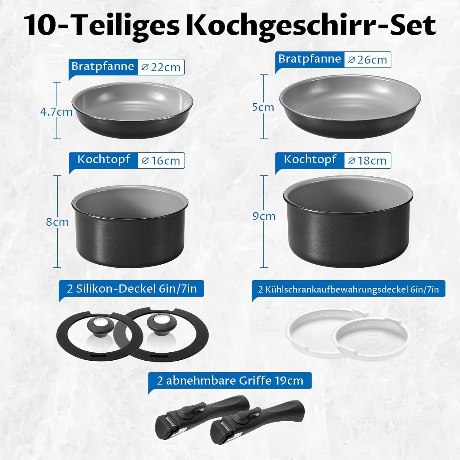 BEZIA Keramik-Topfset mit abnehmbarem Griff, 10-teiliges Topf- und Pfannenset für Camping und kleine Küche, stapelbares Pfannenset Induktion, PTFE/PFAS-frei, ofenfest bis 240 °C – Bild 8