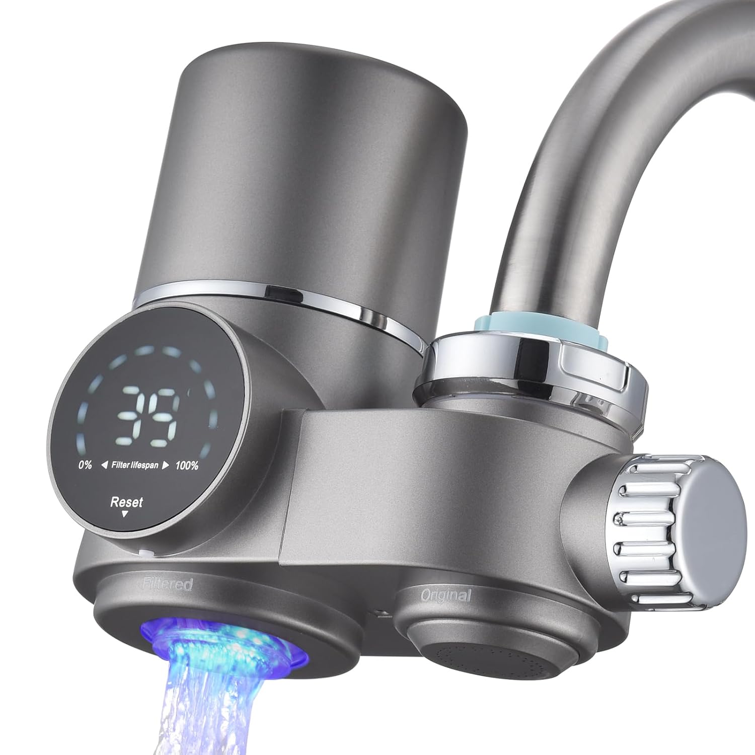 HOMELODY Wasserfilter Wasserhahn, Wasserfilter Trinkwasser mit LED-Anzeige, entfernt Chlor, Schwermetalle und schlechten Geschmack, Wasserhahnfilter mit blauem Licht für die Küche (inkl. Filter x 1)