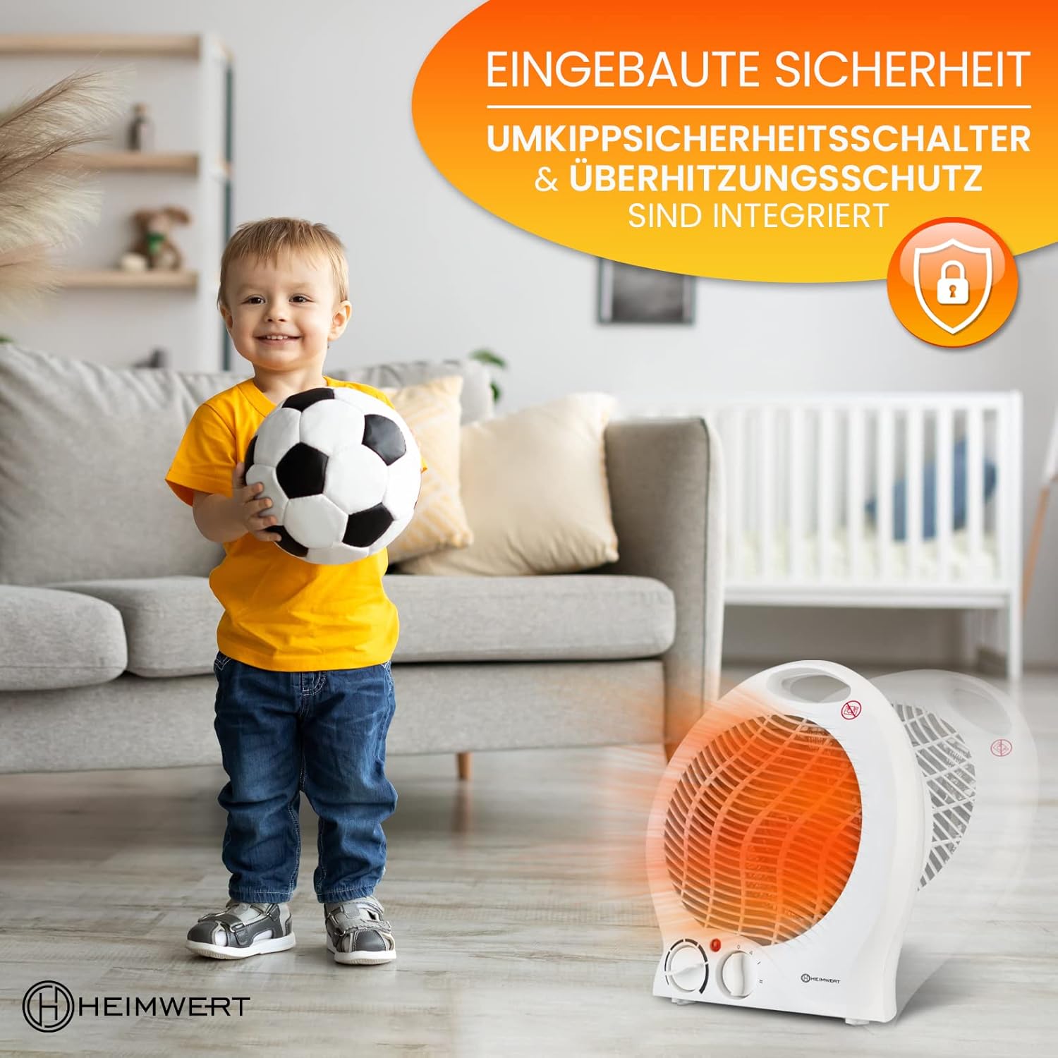 HEIMWERT Heizlüfter energiesparend 2000 Watt – Schnellheizer mit Energiesparstufe und Tragegriff – Elektroheizer mit Thermostat und 2 Power-Wärmestufen I 2-in-1-Kühlfunktion I 22 x 29 x 13 cm (weiß) – Bild 6