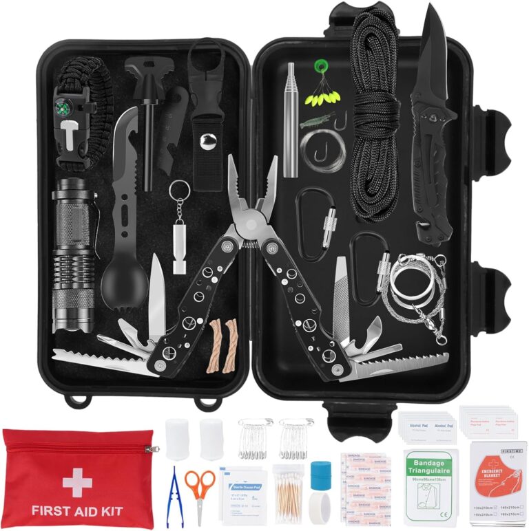 HIMOMO Outdoor-Notfall-Überlebensset, Überlebenspaket mit Erste-Hilfe-Set, Mehrzweck-Überlebensausrüstung/Zangenwerkzeug/Kompass/taktische Taschenlampe für Männer, Camping/Abenteuer/Wandern im Freien