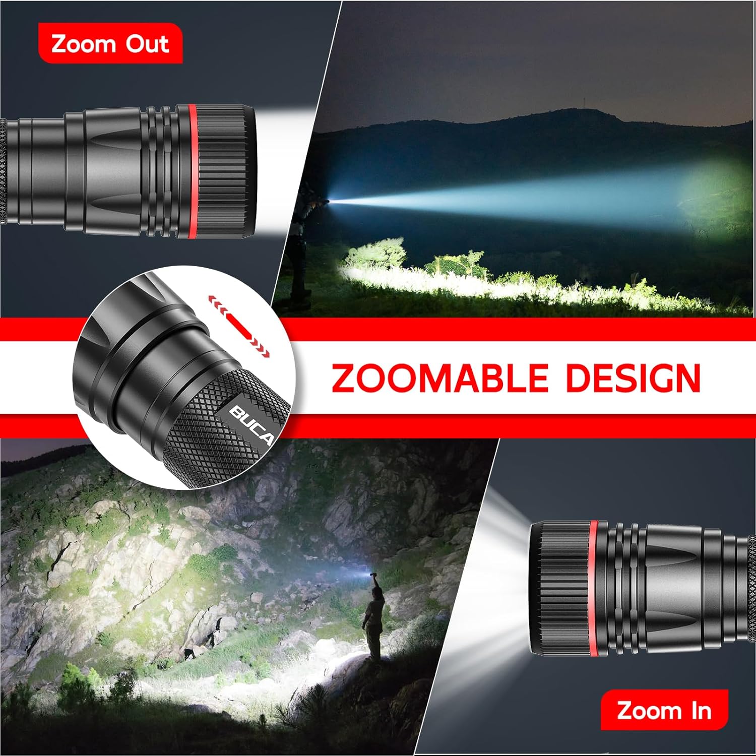 BUCASA Taschenlampe LED wiederaufladbar, 2000 Lumen, extrem helle LED-Taschenlampe mit 3 Modi, 2 Stück, zoombare Taschenlampen, Kinder, wasserdicht, lange Laufzeit, Taschenlampe für Camping, Outdoor, Wandern, Notfall – Bild 3