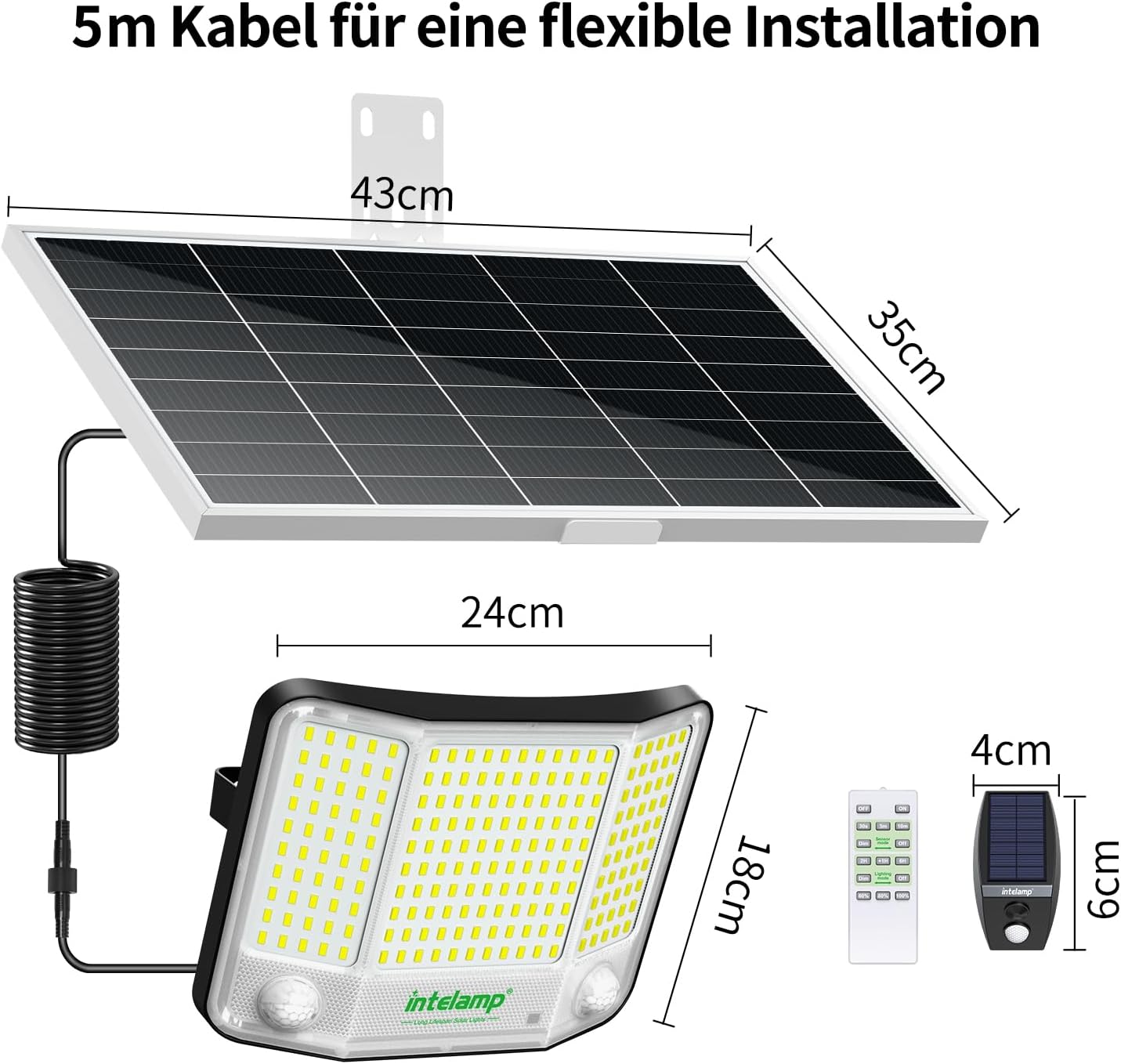 INTELAMP Solarleuchten für den Außenbereich mit Bewegungsmelder mit Fernbedienung, 4000LM Solarstrahler Außen 6500K Straßenlaterne Wandleuchte mit Bewegungsmelder Sensor Außenwegleuchte Außenstraßenlaterne – Bild 9