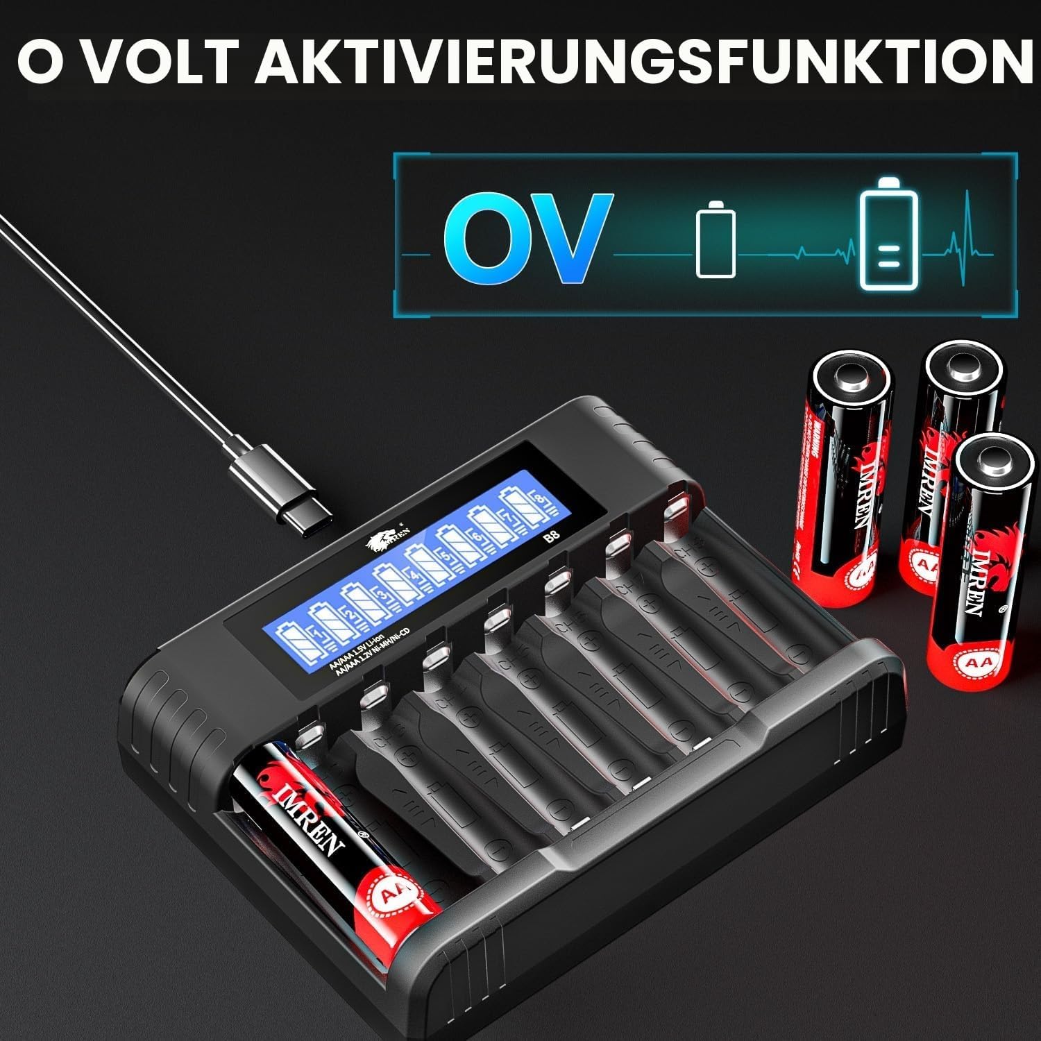IMREN Batterieladegerät AA AAA, 8 Steckplätze 1,2 V NiMH/NiCD 1,5 V Lithium AA/AAA-Batterien Ladegerät, 5 V 2 A Typ-C Schnelles intelligentes Batterieladegerät mit LCD-Display – Bild 5