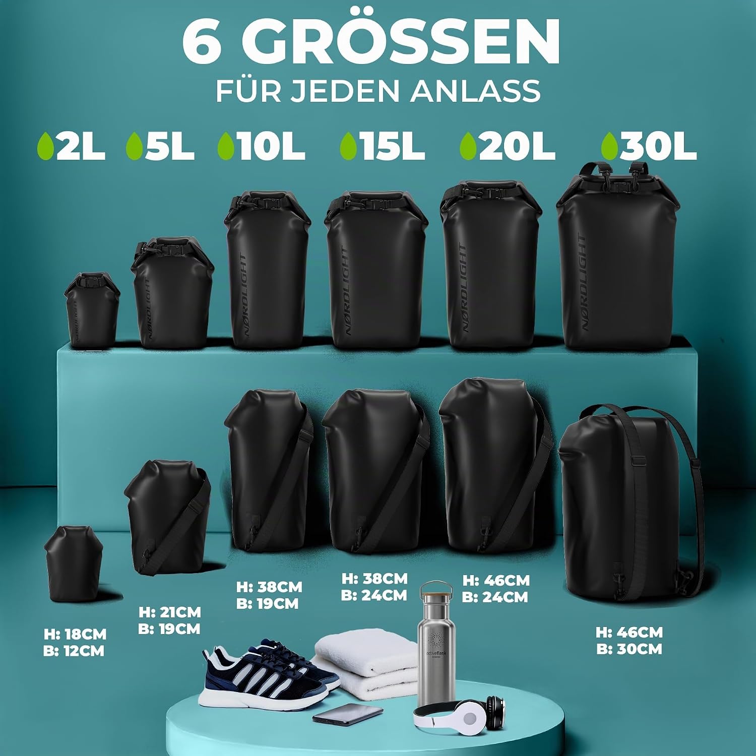 Nordlight Dry Bag wasserdichte Tasche, 2 l, 5 l, 10 l, 15 l, 20 l, 30 l, wasserdichter Trockensack + Roll-Top + Schultergurt, Schwimmen, Baden, Strand, Kanu, SUP, Tauchen, Handy – Bild 3