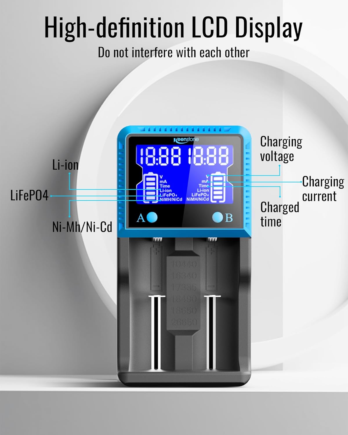 Keenstone Universal Akku Ladegerät, 18650 Akku Ladegerät mit 2 Schacht, LCD Smart Schnell Aufladen Batterieladegerät für NI-MH NI-CD AA AAA Li-Ion LiFePO4 IMR 10440 14500 16340 18650 RCR123 26650 – Bild 5