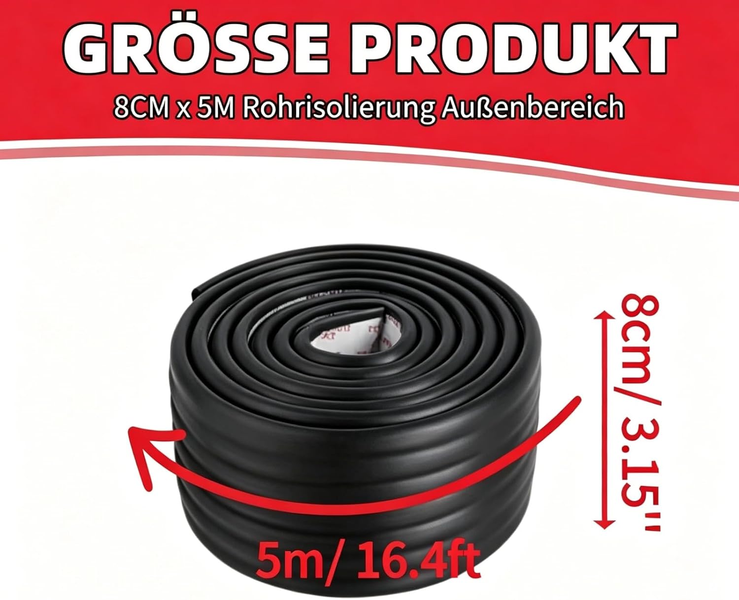 8cmx5m Rohrisolierung Außenbereich, selbstklebende Dämmung mit Lärmreduzierung NBR Isolierung Schaumstoff zum Wickeln Heizrohr Isolierung für Heizung und Sanitär für Heizungsrohr Kupferrohr (Schwarz) – Bild 2