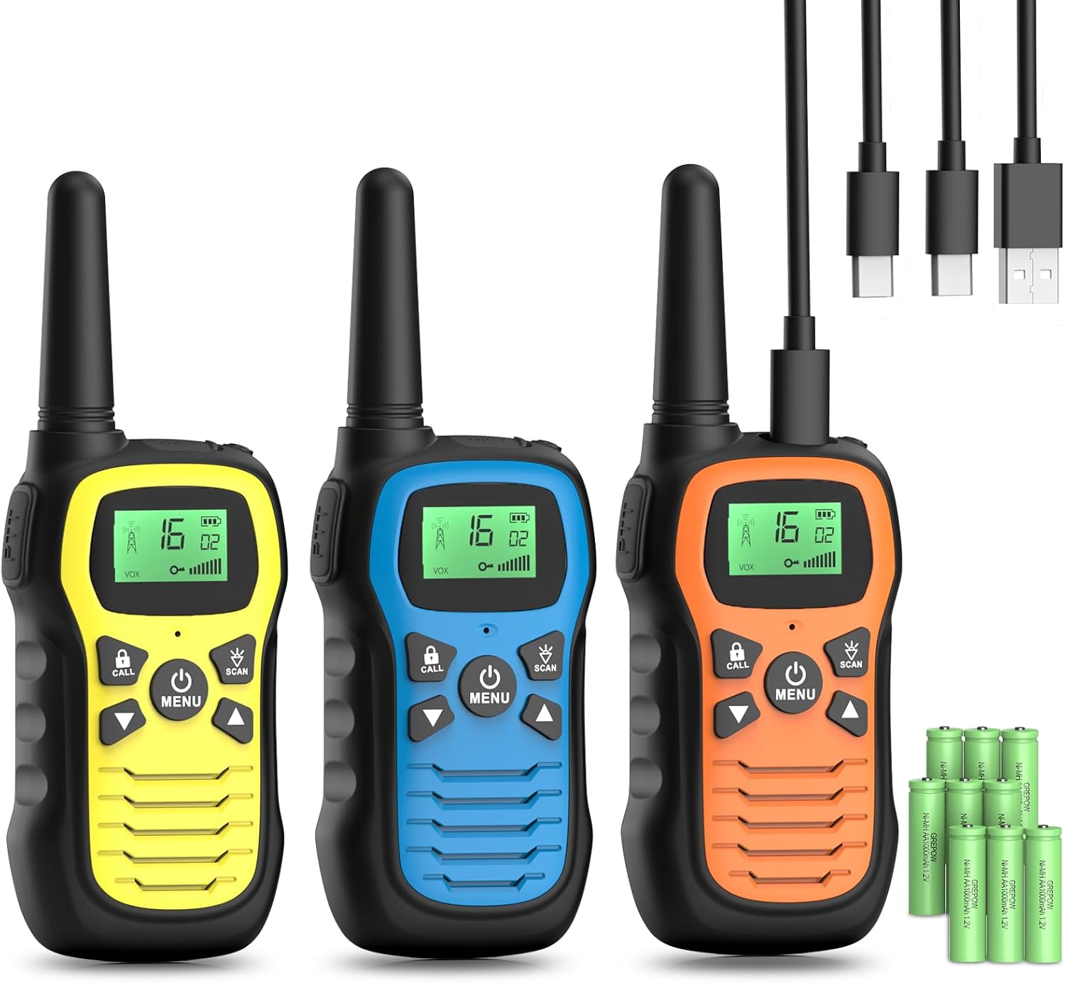 Walkie Talkie, Walkie Talkie wiederaufladbar für Kinder mit 16 Kanälen, 3er-Set, Radio mit VOX-Funktion, LED-Taschenlampe, 3 Meilen lange Distanz für Wandern, Camping, Abenteuer