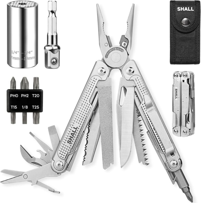 SHALL Multitools, Mehrzweckwerkzeug mit Schraubendreher-Bits und Universal-Stecknuss, 18-in-1-Multitool-Zange, für Camping, Angeln, Überleben, Jagd