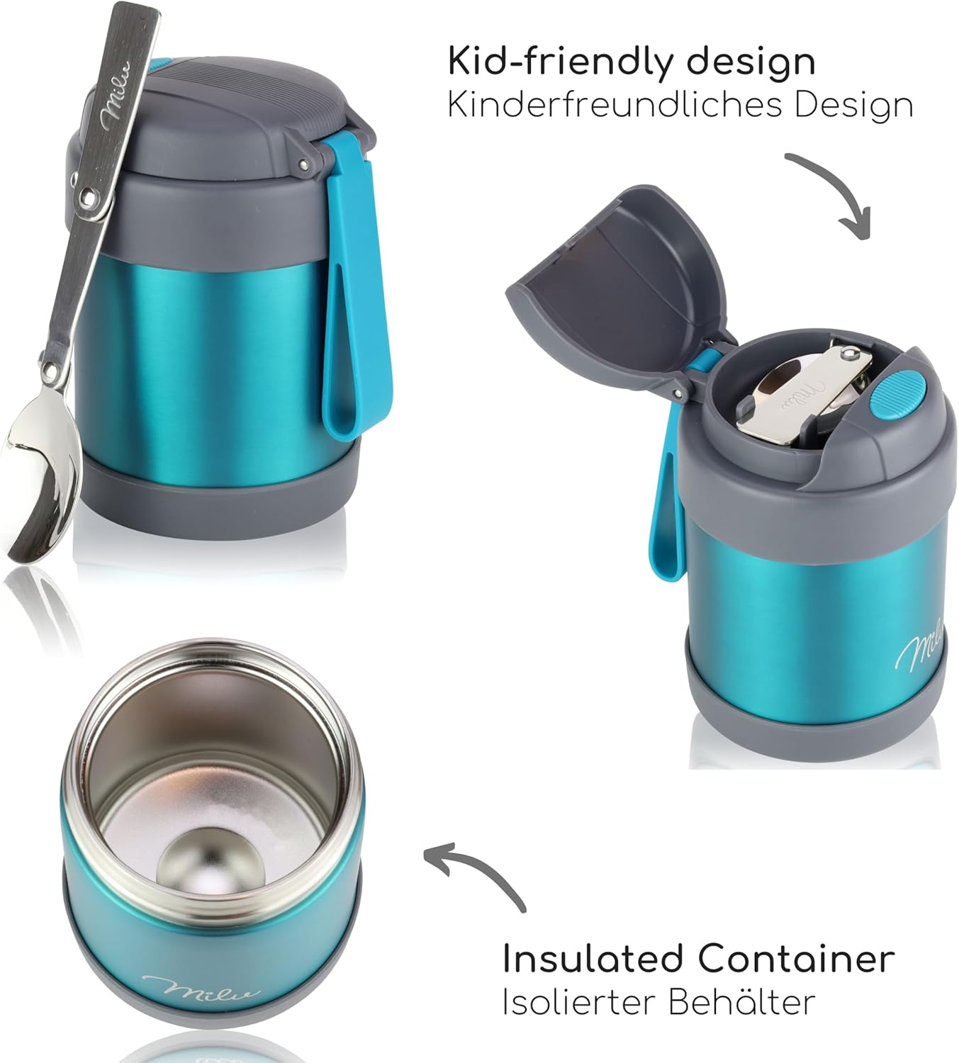 Milu® Thermo-Speisebehälter, 300/440/450/650/800 ml, Edelstahl, Wärmekonservierung, für Babynahrung, Müsli to go, Grün (300 ml) – Bild 5