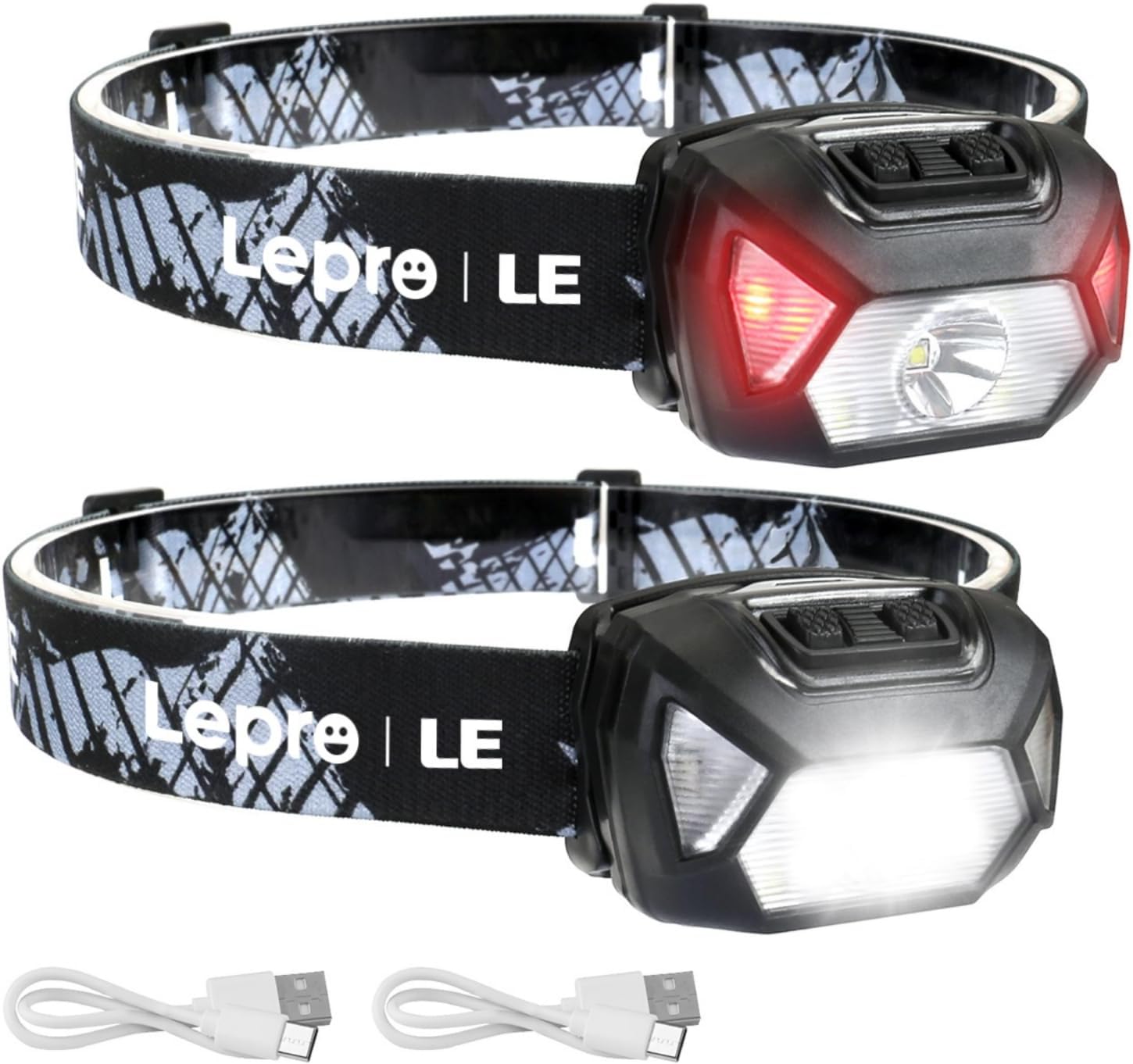 Lepro Stirnlampe, wiederaufladbar, (2 Stück), 2000 l, wasserdichte LED-Stirnlampe mit roten Warnleuchten, 6 Beleuchtungsmodi, lange Laufzeit, leichte Stirnlampe für Kinder und Erwachsene zum Laufen, Angeln, Camping