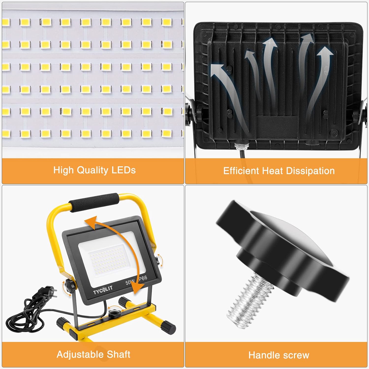 LED Baustrahler, 100W 10000LM Arbeitsleuchte, 6500K Kaltweiß Baustellenlampe mit Stecker, IP66 Wasserdichter LED Strahler, 3m Kabel Baulampe, Flutlicht, Arbeitsleuchte für Werkstatt, Baustelle, Garage – Bild 6