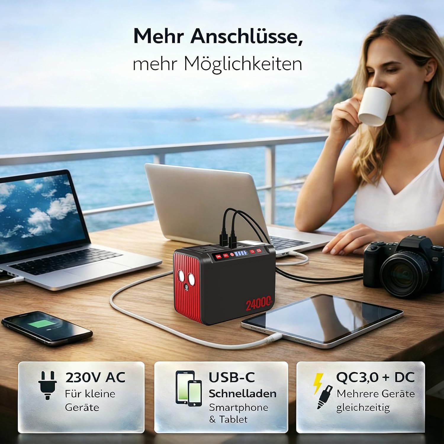 88 Wh tragbares Kraftwerk, 80 W Powerbank-Akku mit 230 V AC-Steckdose und LED-Taschenlampe, kleiner Generator für Stromausfälle, Camping, Notfälle, Wandern, Reisen – Bild 2