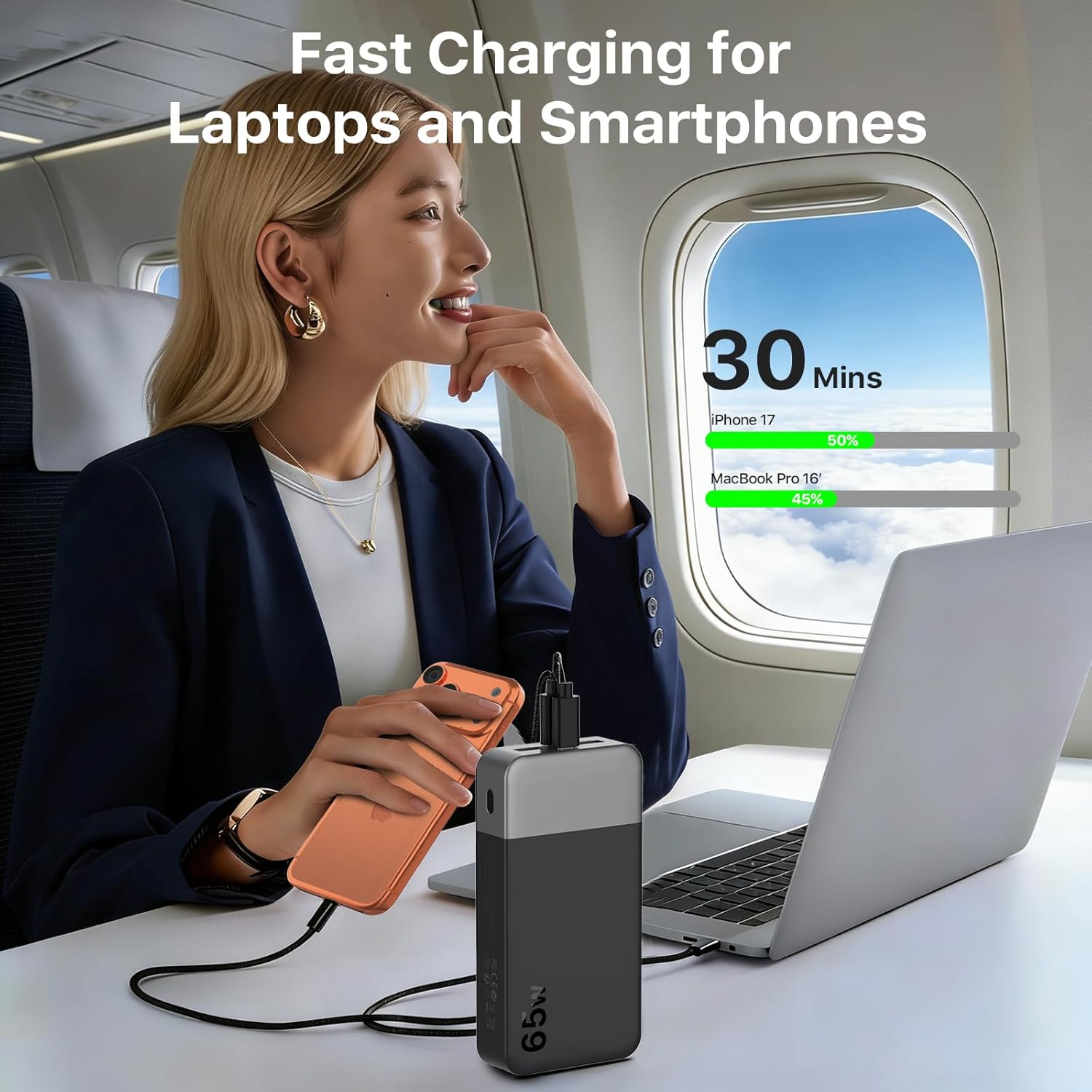 NOBIS Powerbank 20000 mAh, 65 W Schnelllade-Powerbank, tragbares Ladegerät mit Digitalanzeige, Dual USB-C/USB-A für Laptop, Telefon, Tablet, reisetauglicher externer Akku – Bild 2