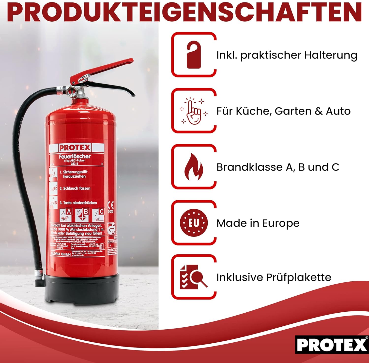 Pulver-Feuerlöscher Protex 3 – Protex Pulver-Feuerlöscher – 6 kg – für Brandklassen ABC – zertifiziert nach DIN EN 3 und CE – je 9,5 kg – mit praktischer Halterung – mit Prüfplakette – hergestellt in der EU