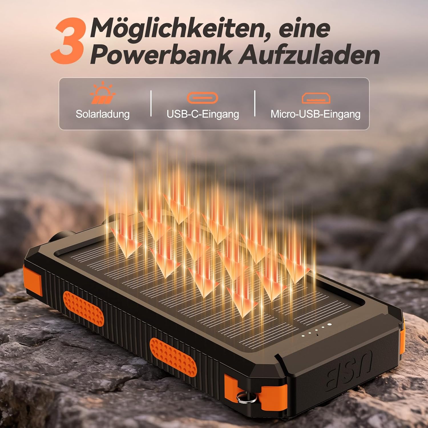 Vikeri Solar Power Bank 26800 mAh, Powerbank Solar Wasserdicht USB C Externer Akku mit 4 Ausgängen, Powerbank für Smartphones, Tablets und mehr (Dunkelorange) – Bild 3