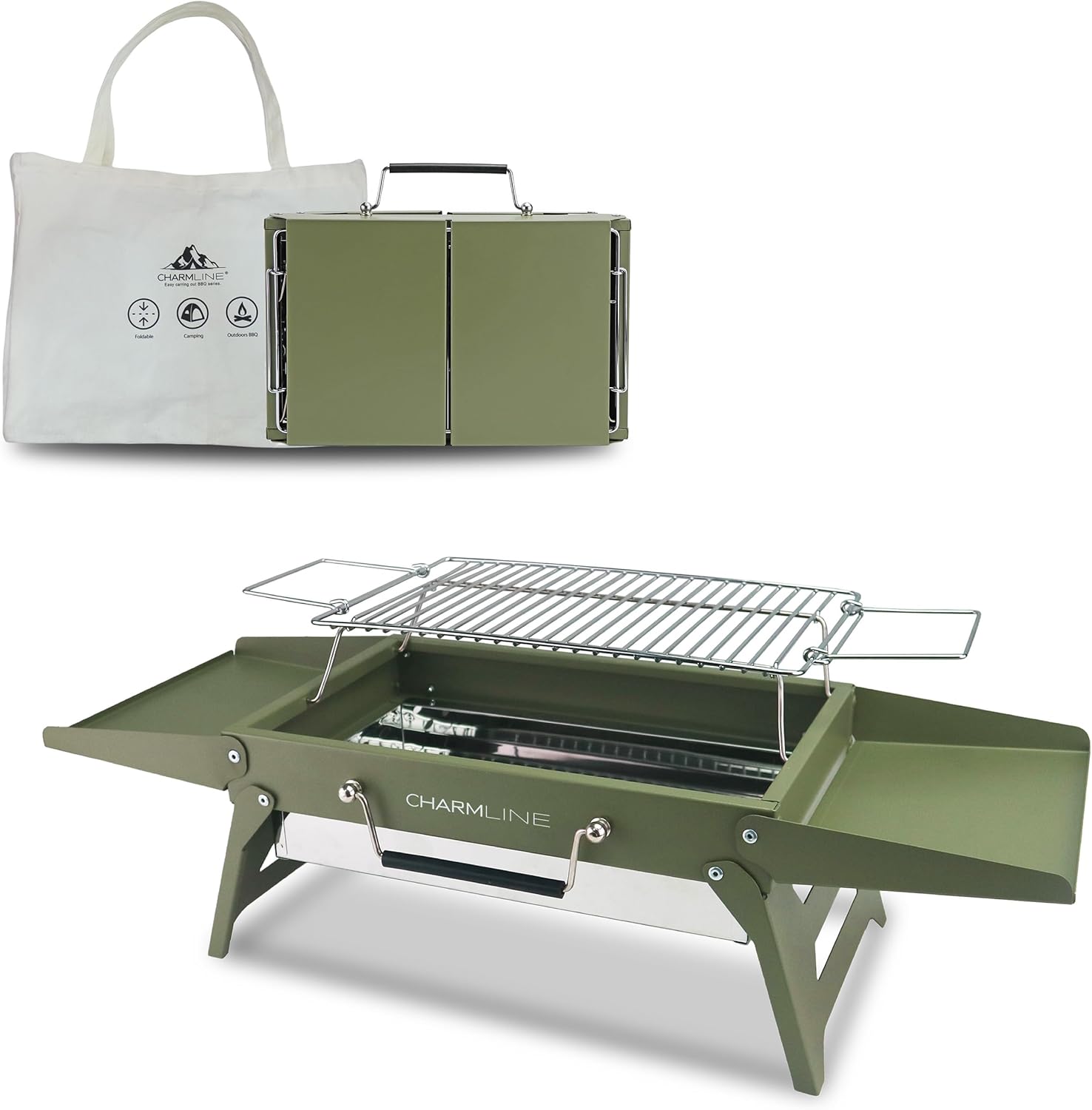 Charmline Tragbarer Holzkohlegrill, klappbarer Campinggrill 35 x 23 cm für 1–3 Personen, Mini-BBQ-Grill für Balkon, Garten, Camping, Picknick und Strand, Grün