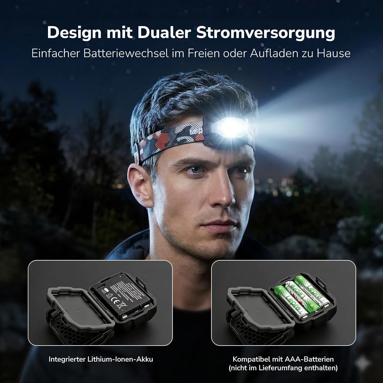 Lepro 3W LED wiederaufladbare Stirnlampe, doppelte Stromversorgung, Stirnlampe mit USB-C und 3 AAA (nicht im Lieferumfang enthalten), 10 Modi & rotes Licht, IPX4 wasserdicht, leichte Stirnlampen, ideal zum Joggen und Camping – Bild 2