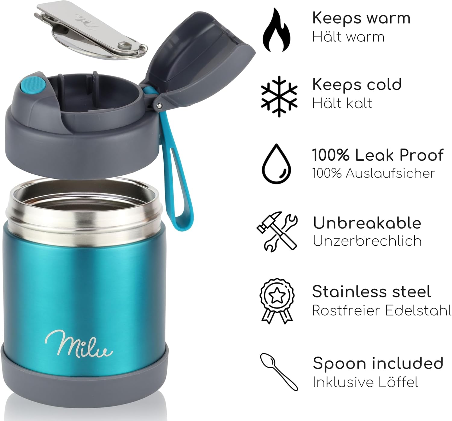 Milu® Thermo-Speisebehälter, 300/440/450/650/800 ml, Edelstahl, Wärmekonservierung, für Babynahrung, Müsli to go, Grün (300 ml) – Bild 3