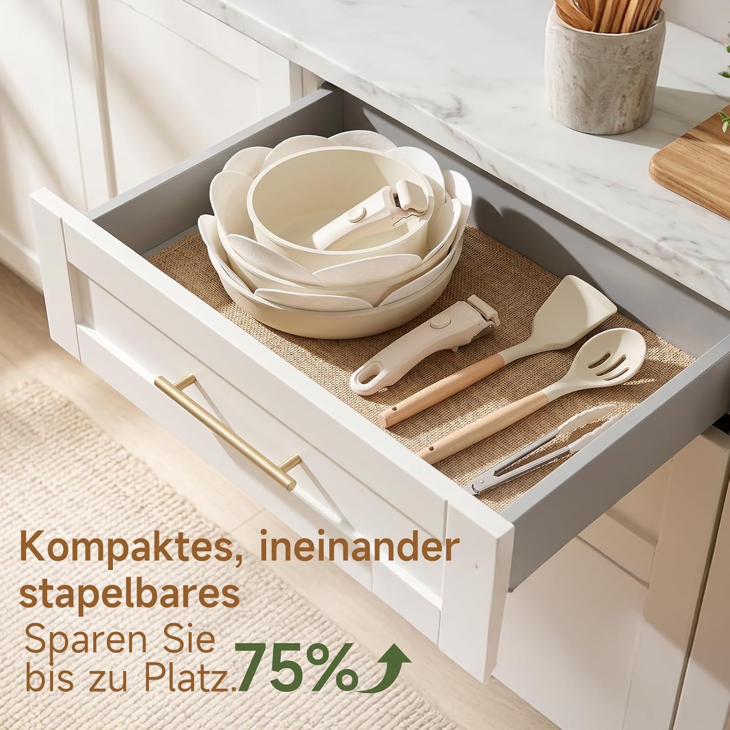 JEETEE Topf- und Pfannensets mit abnehmbarem Griff, 17-teiliges Antihaft-Pfannenset, Induktionstopfset, Kochtopfset mit Deckel und Messer, kompatibel mit allen Herden, PFOS/PFOA-frei, Beige – Bild 5