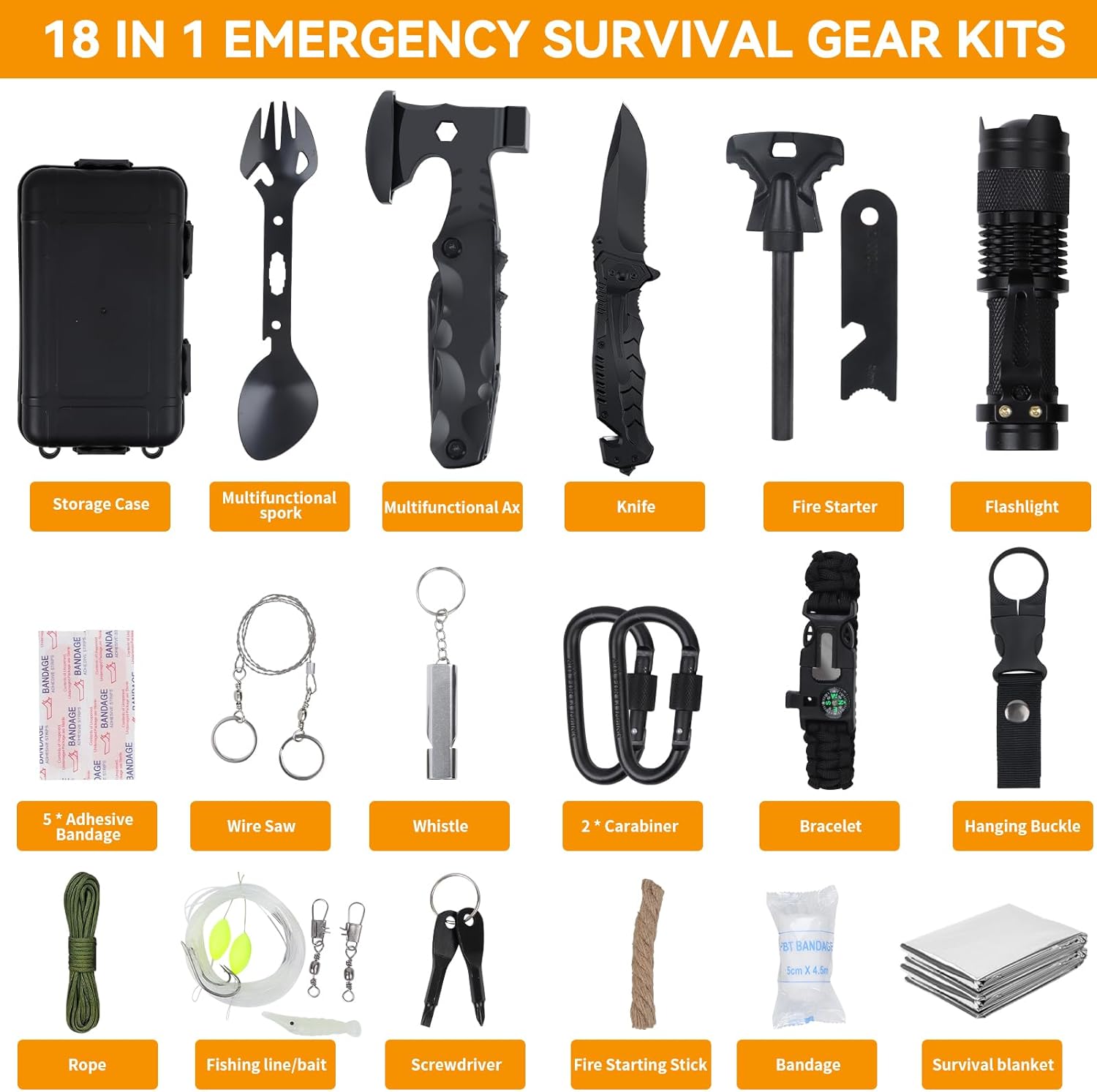 Survival Kit 18 in 1, Professionelles Notfallset Outdoor Home, Premium Set Messer Outdoor-Ausrüstung, Survival-Ausrüstung für Camping, Bushcraft, Wandern, Jagd, Abenteuer, Männer, Väter – Bild 2