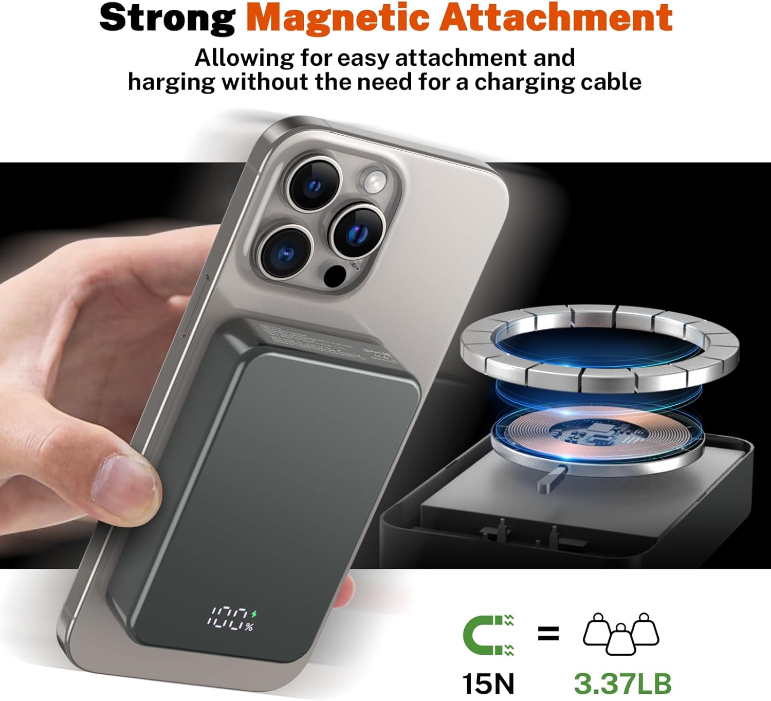Magnetische kabellose Powerbank, tragbares Ladegerät mit 26800 mAh, USB-C-Eingang und -Ausgang, Telefon-Akku für iPhone 17/16/15/4/13/12-Serie und andere Android-Telefone (grau) – Bild 2
