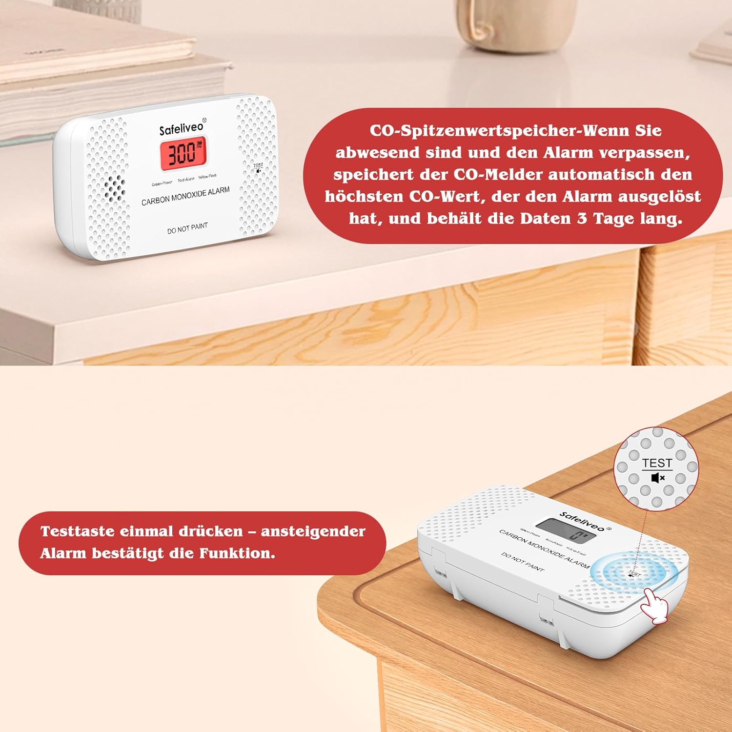 Safeliveo CO-Melder mit austauschbarer Batterie, Kohlenmonoxidmelder mit Peak-Speicher und LCD-Display, 10-Jahres-Sensor, mit Testtaste, für Zuhause und Wohnwagen, EN 50291, Standalone (1 Stück) – Bild 6