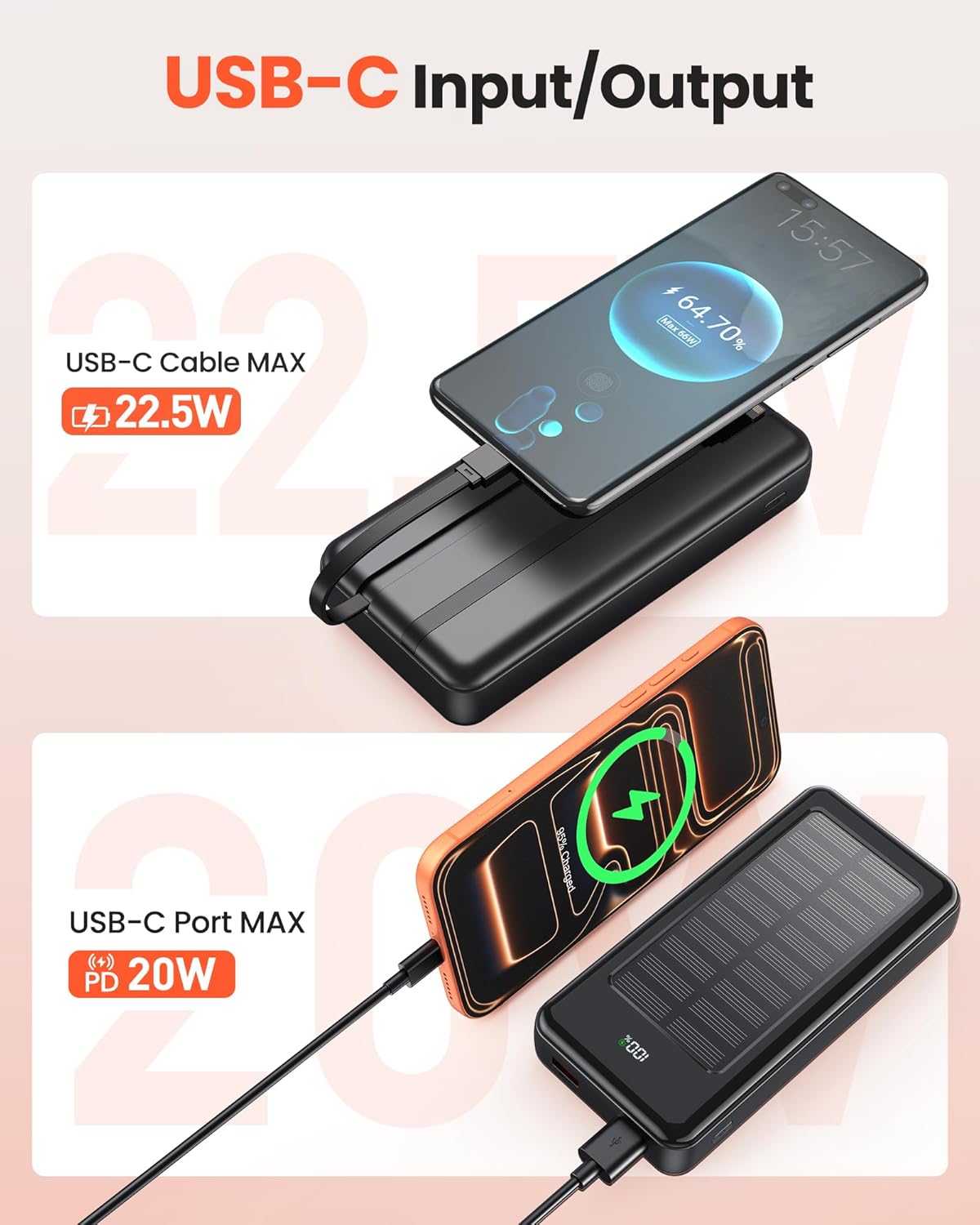 27000-mAh-Solar-Powerbank, Powerbank mit 2 Kabeln, 22,5-W-Schnelllade-Powerbank, tragbares Ladegerät, geeignet für Smartphones – Bild 3