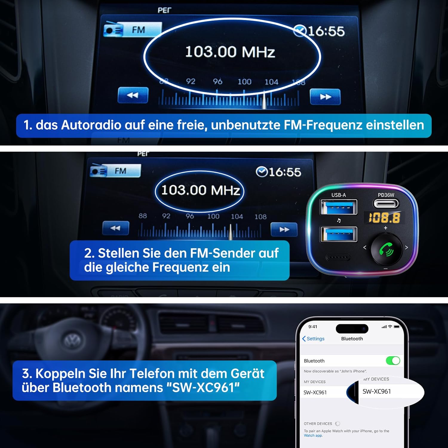 SYNCWIRE Bluetooth 5.3 FM-Transmitter-Autoladegerät 48 W (PD 36 W und 12 W), Ladegerät mit zwei USB-Anschlüssen, Autoadapter, kabelloses Radio-LED-Display, unterstützt 64-GB-USB-Laufwerk, Lichtschalter, Grau – Bild 7