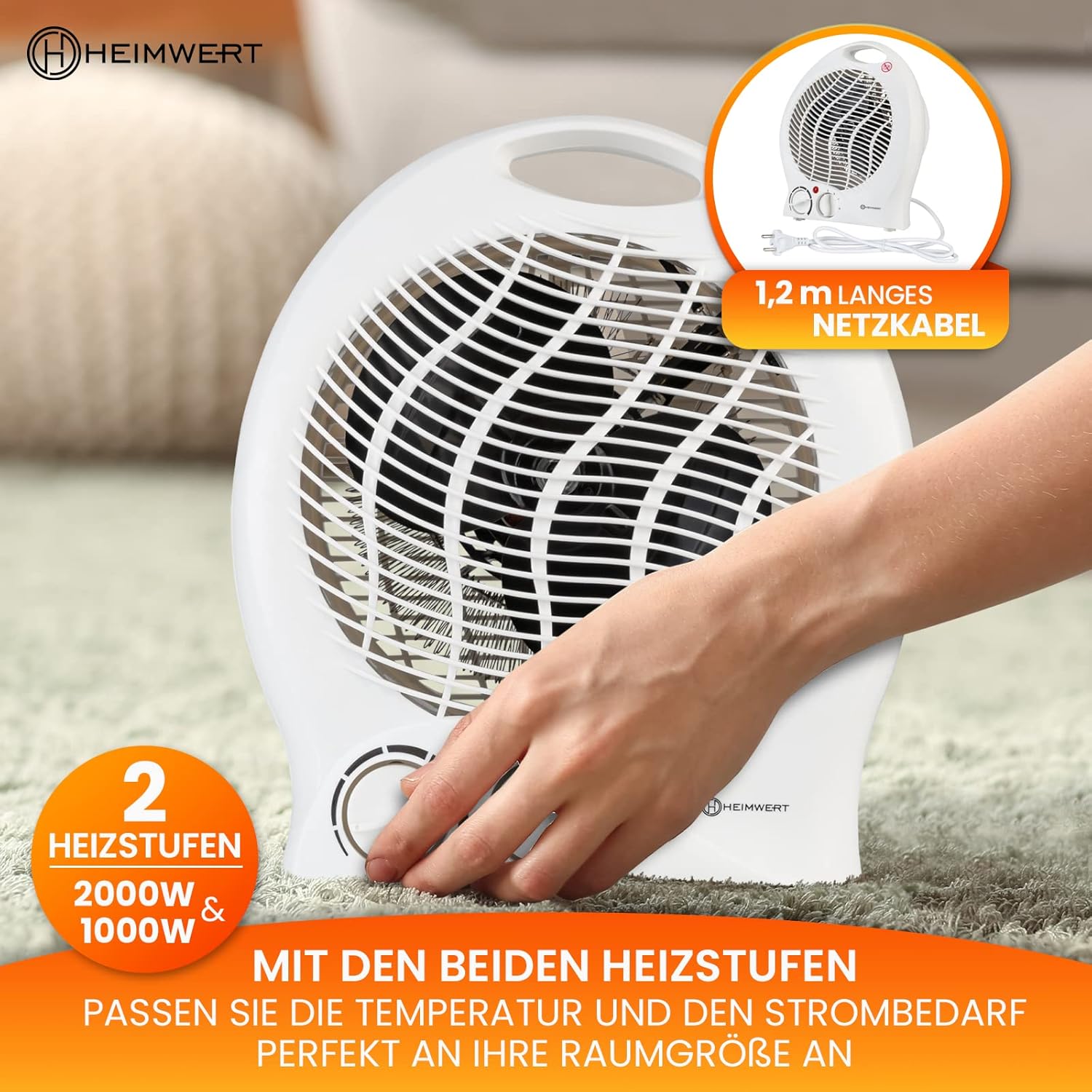 HEIMWERT Heizlüfter energiesparend 2000 Watt – Schnellheizer mit Energiesparstufe und Tragegriff – Elektroheizer mit Thermostat und 2 Power-Wärmestufen I 2-in-1-Kühlfunktion I 22 x 29 x 13 cm (weiß) – Bild 5