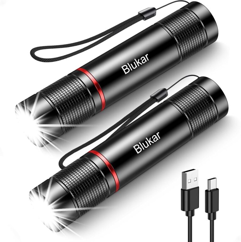 Blukar Wiederaufladbare LED-Taschenlampe, superhelle zoombare Mini-Taschenlampe mit 4 Lichtmodi und langer Betriebszeit, wasserdichte Handlampe für Camping, Wandern, Outdoor, Notfall, 2 Stück