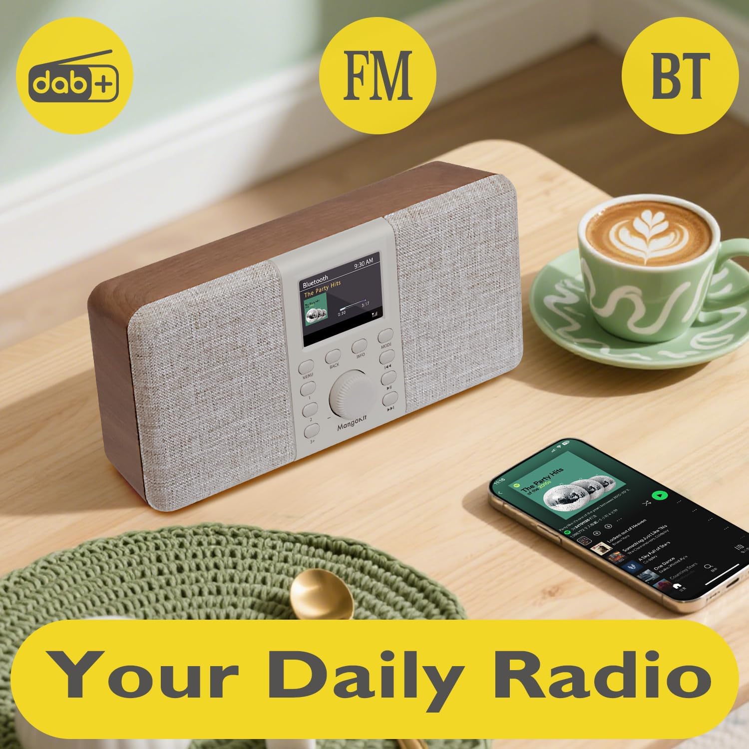 MD5 Stereo-DAB-Radio mit Bluetooth 5.3 und 2,4-Zoll-Farbdisplay, tragbares UKW-Digitalradio, 2.0-Stereo-Sound, 40 Speicherplätze, Alarme, Schlummer- und Schlaffunktion, USB-C-Netz- oder Batteriebetrieb (Walnuss) – Bild 2