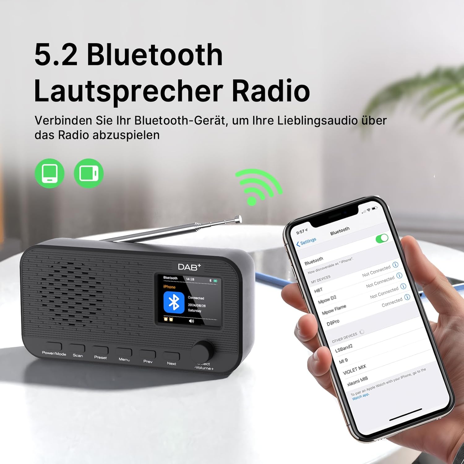 DAB-Radio mit Bluetooth, wiederaufladbares UKW-Digitalradio, Radios batteriebetrieben, tragbares DAB+-Radio, Küchenradio mit 80 Voreinstellungen, 2,4-Zoll-Farbdisplay, Dual-Wecker, Sleep-Timer – Bild 4
