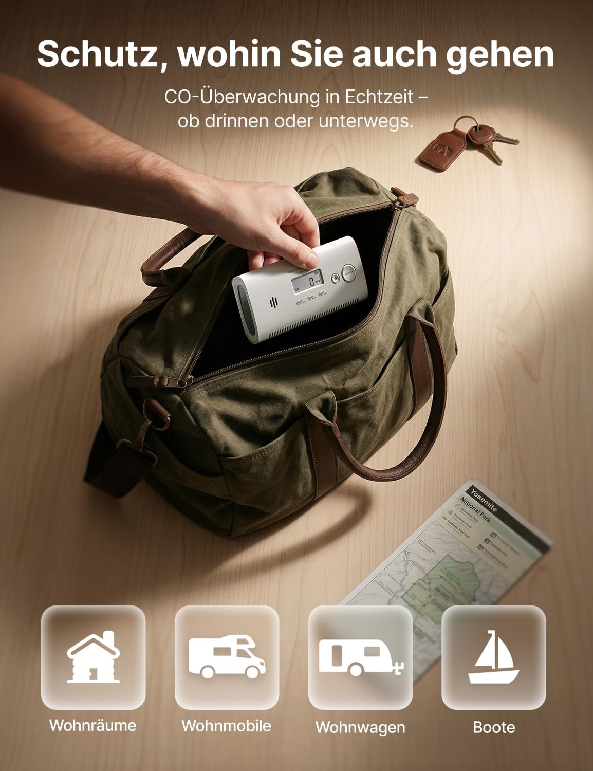 X-Sense XC0N-SR Tragbarer Kohlenmonoxidmelder für Wohnmobile, CO-Melder mit austauschbaren Batterien, LCD-Display und Peak-Speicher, 1 Stück – Bild 2