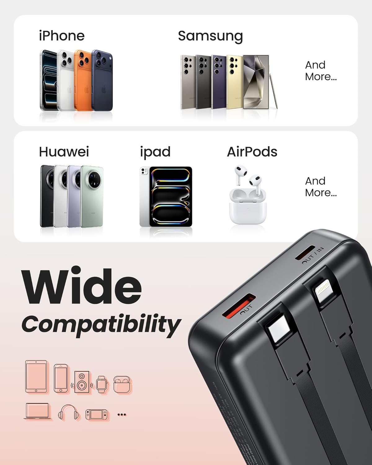27000-mAh-Solar-Powerbank, Powerbank mit 2 Kabeln, 22,5-W-Schnelllade-Powerbank, tragbares Ladegerät, geeignet für Smartphones – Bild 7