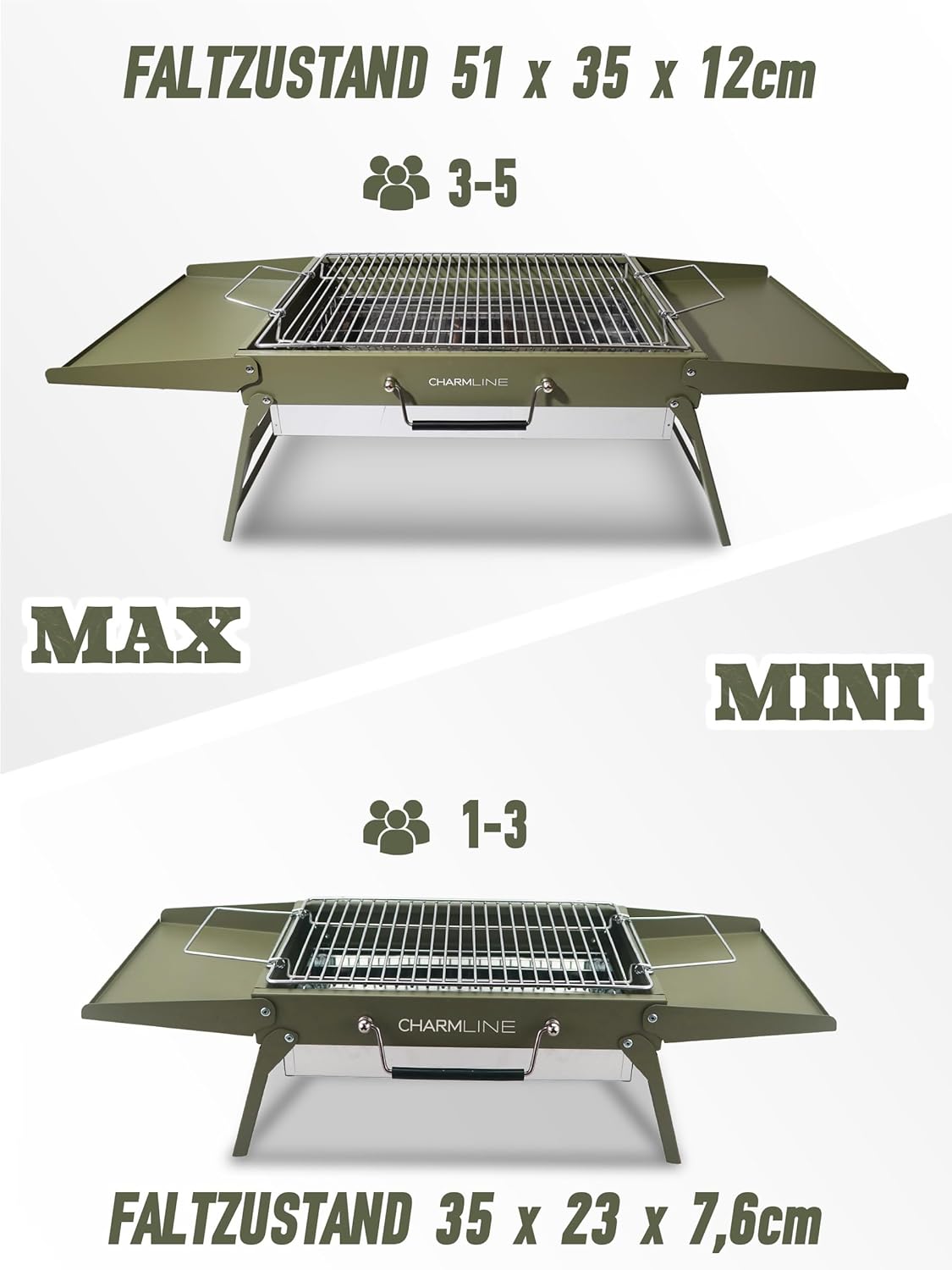Charmline Tragbarer Holzkohlegrill, klappbarer Campinggrill 35 x 23 cm für 1–3 Personen, Mini-BBQ-Grill für Balkon, Garten, Camping, Picknick und Strand, Grün – Bild 9