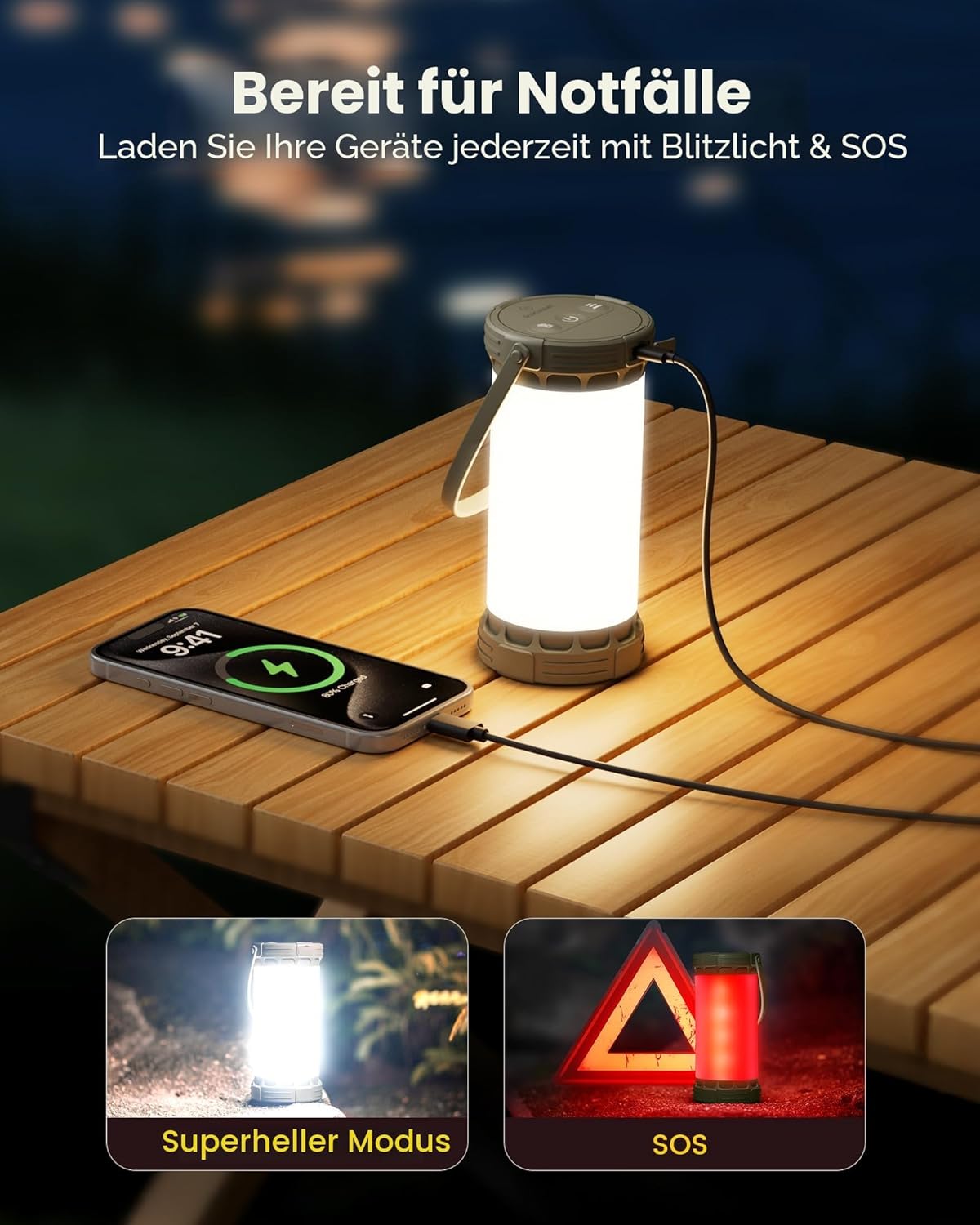 Glocusent Campinglampe & Zeltlampe: 1500 lm Campingleuchte 135 LED, 200 Stunden, 5000 mAh mit 3 Farben und 5 Helligkeitsstufen, SOS, wiederaufladbare Laterne für Stromausfälle, Camping, Wandern, Notfälle – Bild 5