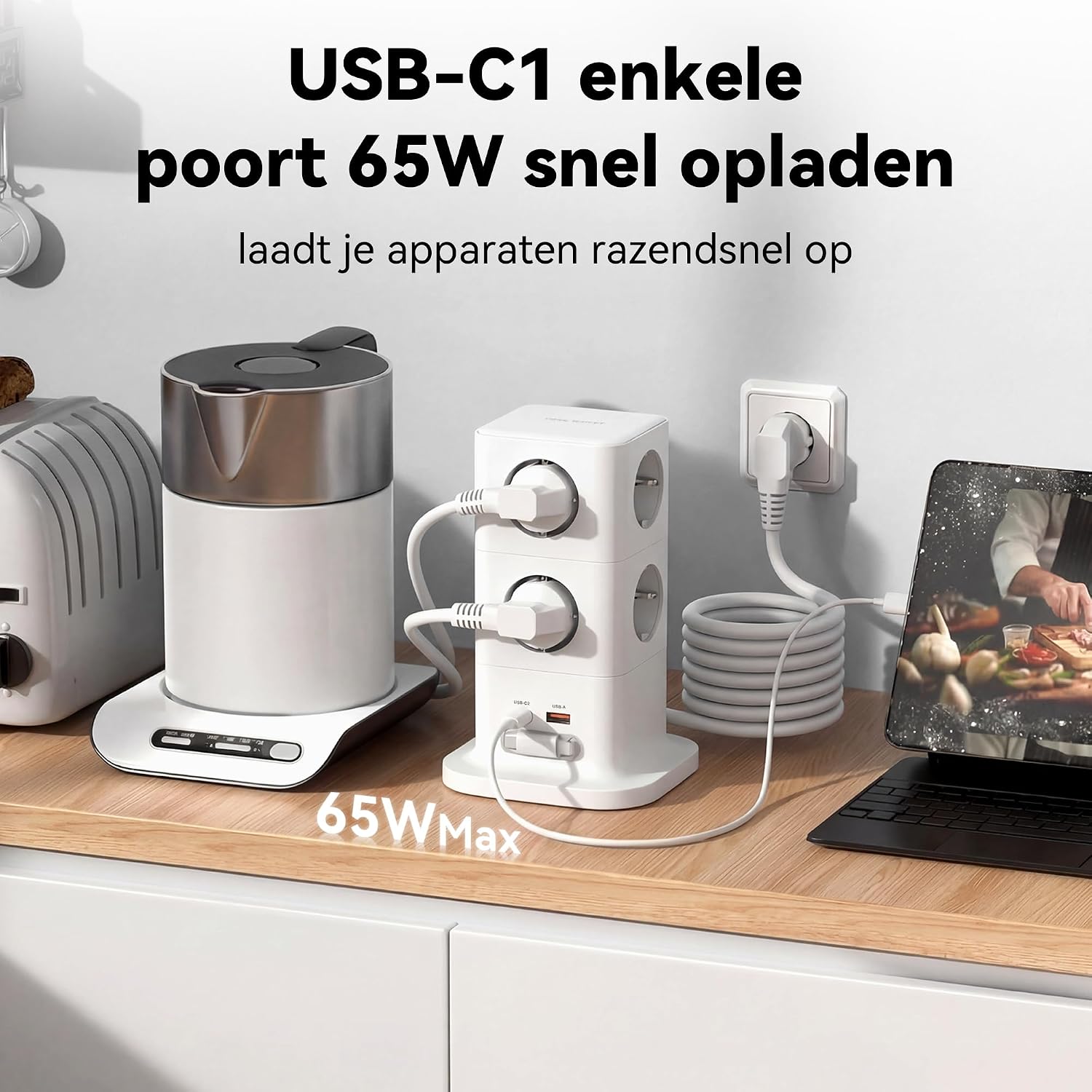 TOPADRE Steckdosenturm 65W Schnellladen mit 70CM einziehbarem Kabel, 11 in 1 Steckdosenleiste Überspannungsschutz, 3680W Mehrfachsteckdose mit Schalter und 2M Verlängerungskabel für Zuhause/Büro – Bild 4