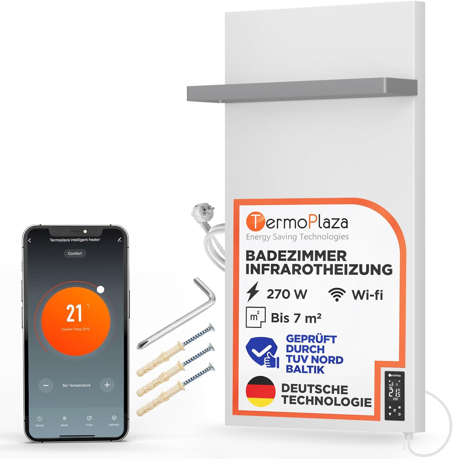 TermoPlaza WLAN Infrarotheizung 270 W bis 7 m², intelligente Infrarot-Wandheizung, elektrischer Badheizkörper mit Handtuchhalter und Thermostat, energiesparende Elektroheizung für Badezimmer