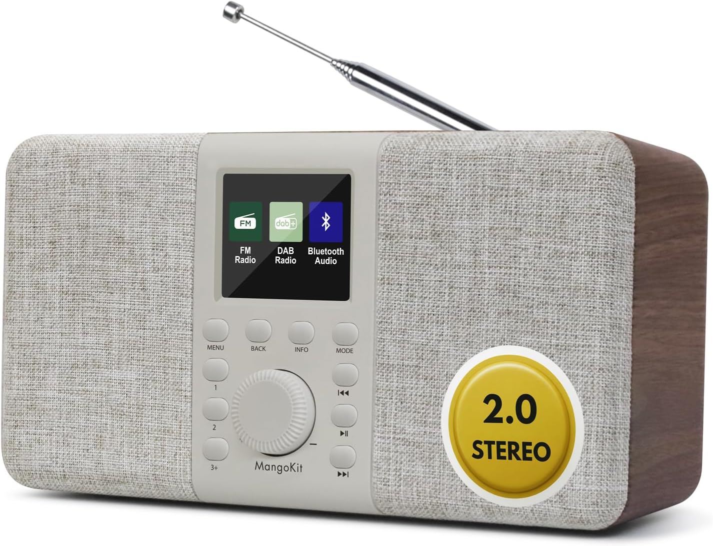 MD5 Stereo-DAB-Radio mit Bluetooth 5.3 und 2,4-Zoll-Farbdisplay, tragbares UKW-Digitalradio, 2.0-Stereo-Sound, 40 Speicherplätze, Alarme, Schlummer- und Schlaffunktion, USB-C-Netz- oder Batteriebetrieb (Walnuss)
